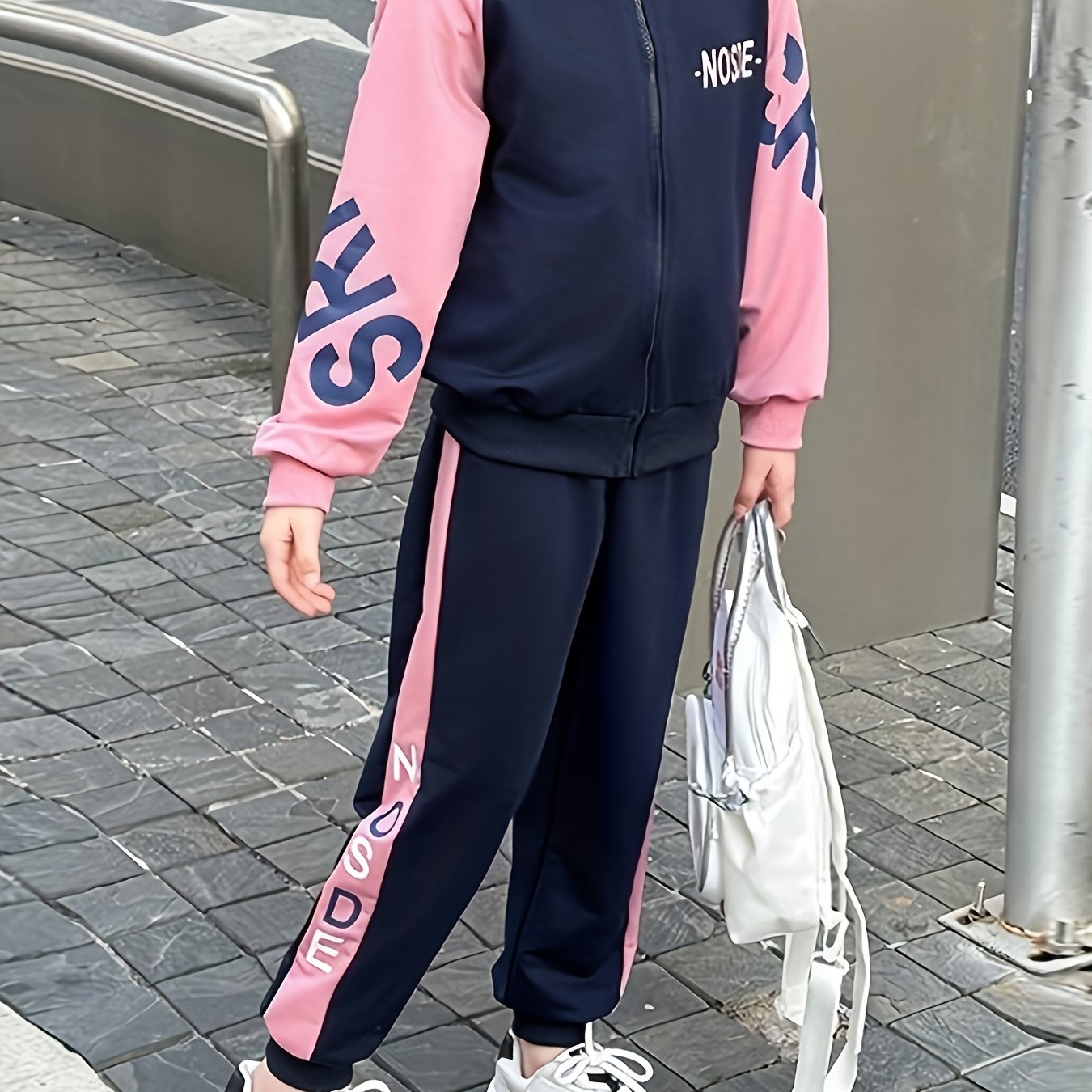 Image of Girls' Spring/autumn 2pcs Set, Comfortable Casual Sporty Letter Block Raglan Sleeve Hooded Zip-up Cardigan Jacket + Casual Waist Long Pants, Perfect For Outdoor