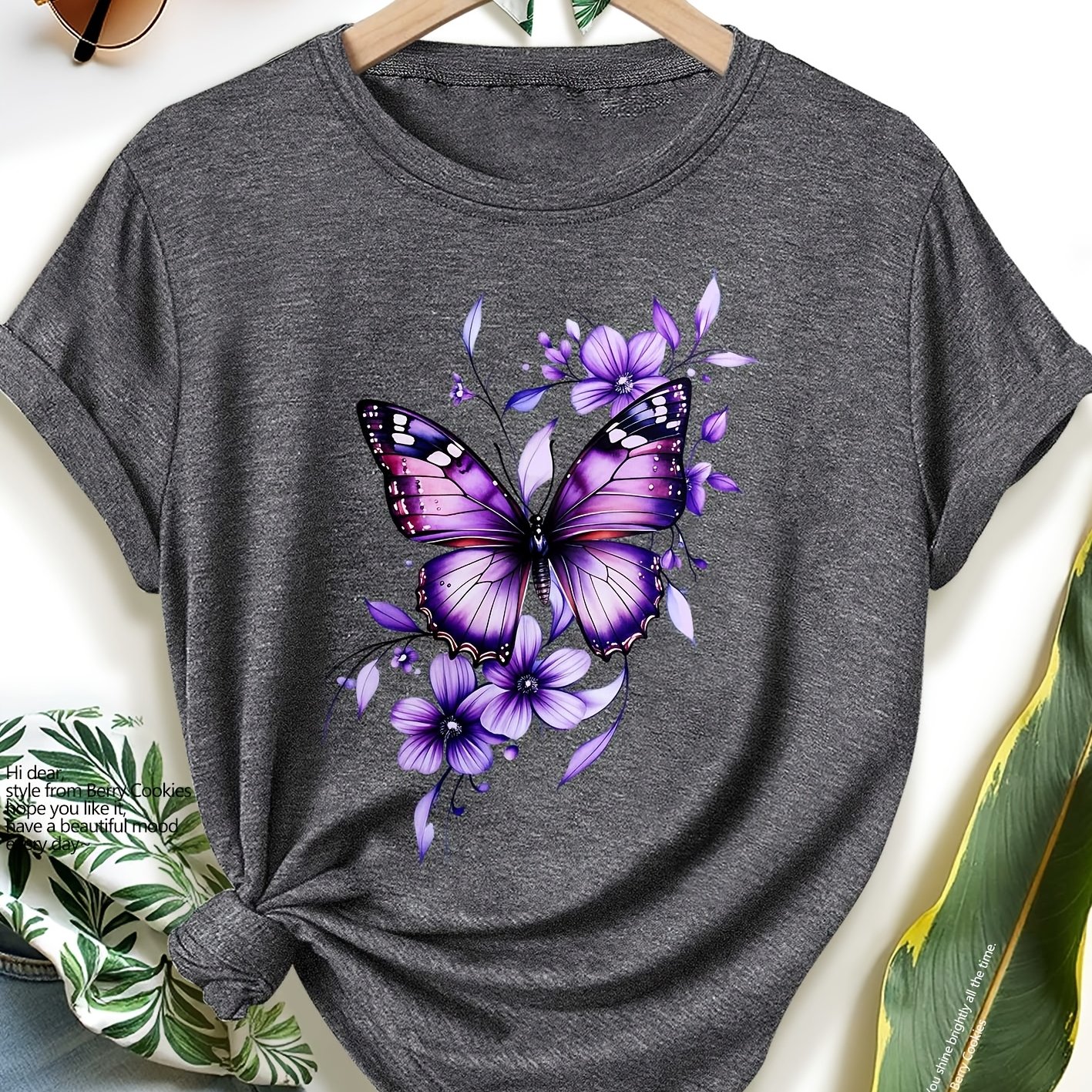 TEMU 2026 New Women's Short-sleeve T-shirt In Purple Gradient With Floral Print, Elegant And Versatile For Spring, Summer, And Autumn, Featuring A