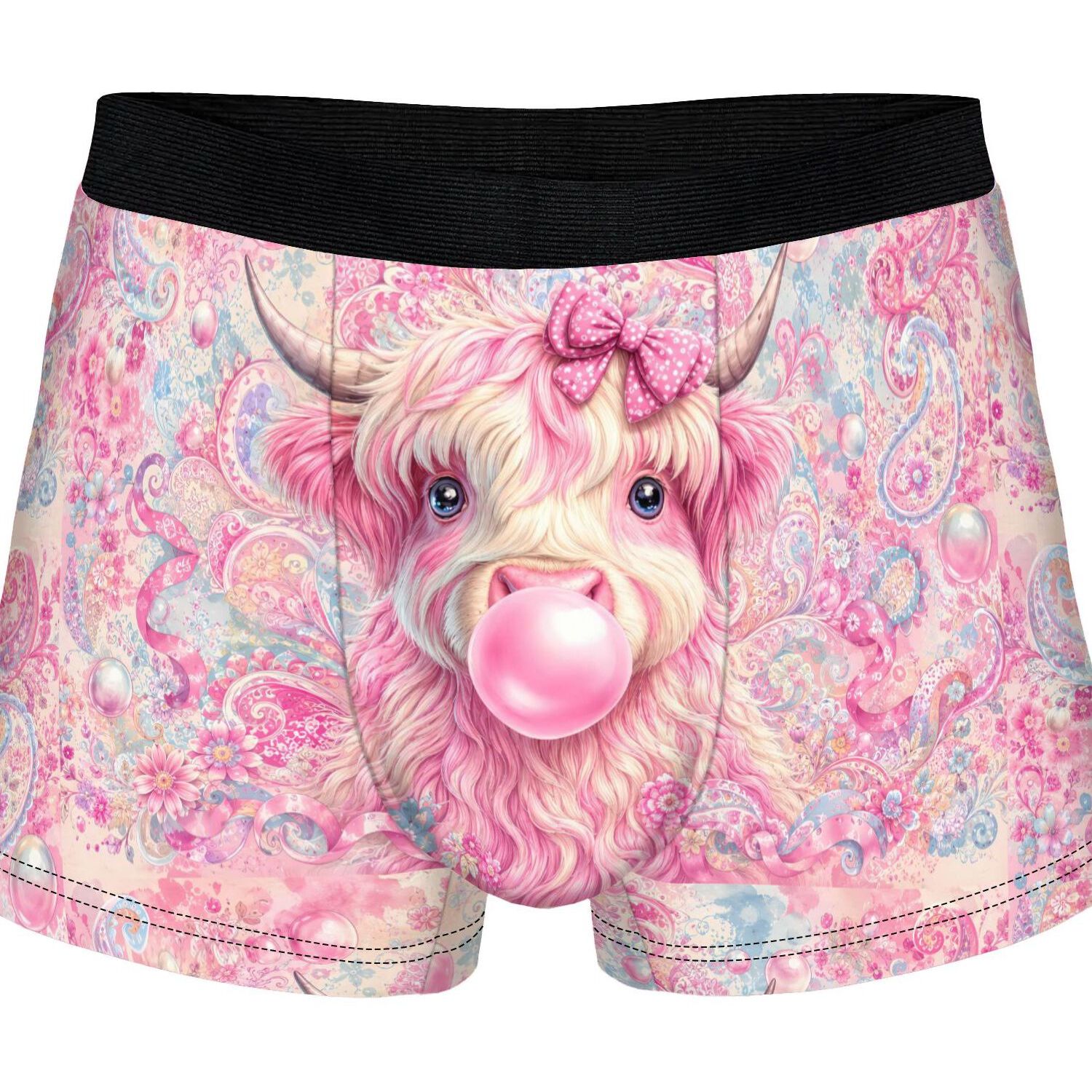 TEMU Pink Highland Cow Bubble Gum Floral Men's Novelty Short Boxer 2d Print Patterned Underwear Casual Men's Underwear For Travel