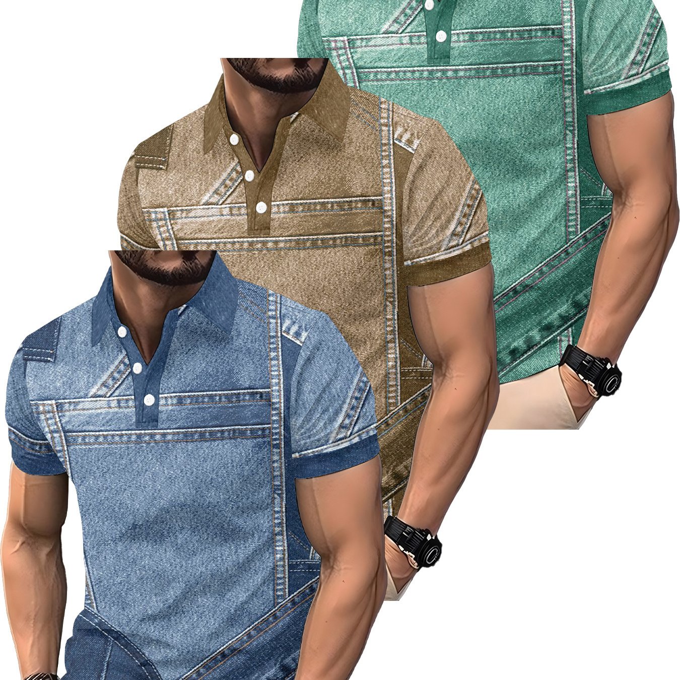 TEMU 3pcs Men's Printed Short-sleeve Shirt - Western Style Blue Pattern, Ribbed Collar, Casual Button-front, Pebble-textured Premium Fabric, Suitable