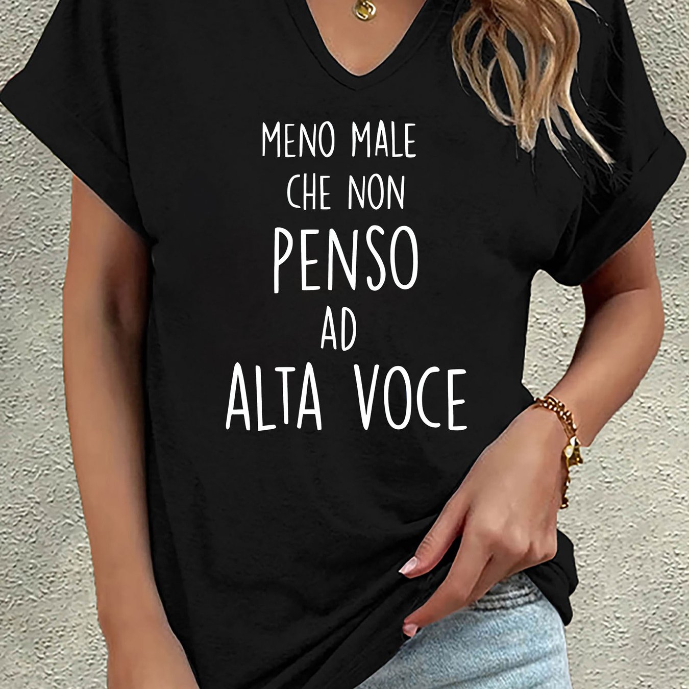 TEMU Women's Italian T-shirt "luck That 't Say Out Loud" - Short Sleeve Summer Top With Italian Lettering, Casual -line Blouse For Casual Attire,