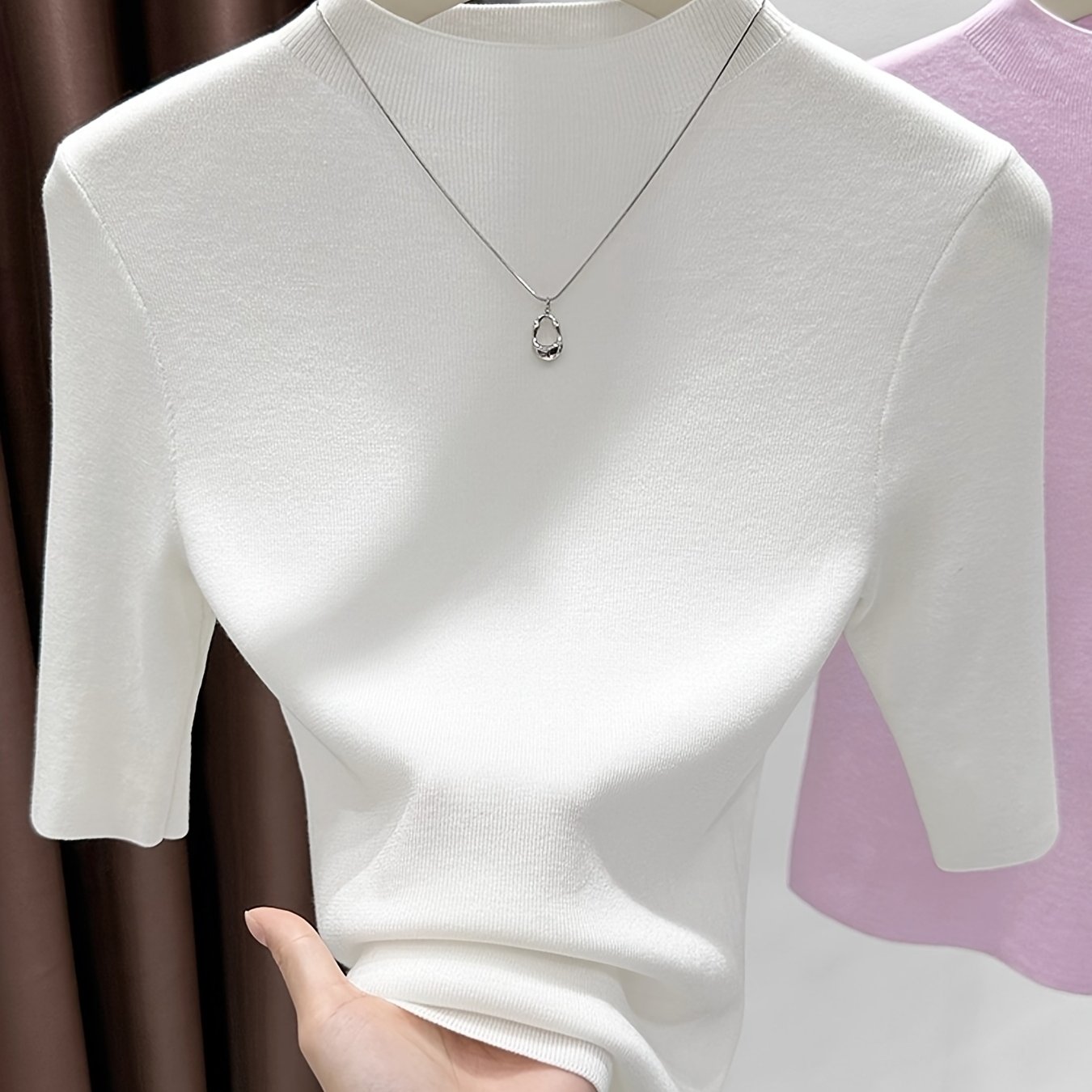 TEMU Women's Elegant Chinese Stand Collar Semi-half-sleeve H-line Blouse - Slim Fit Pullover Shirt, Medium-stretch Solid Color Top For Spring/autumn