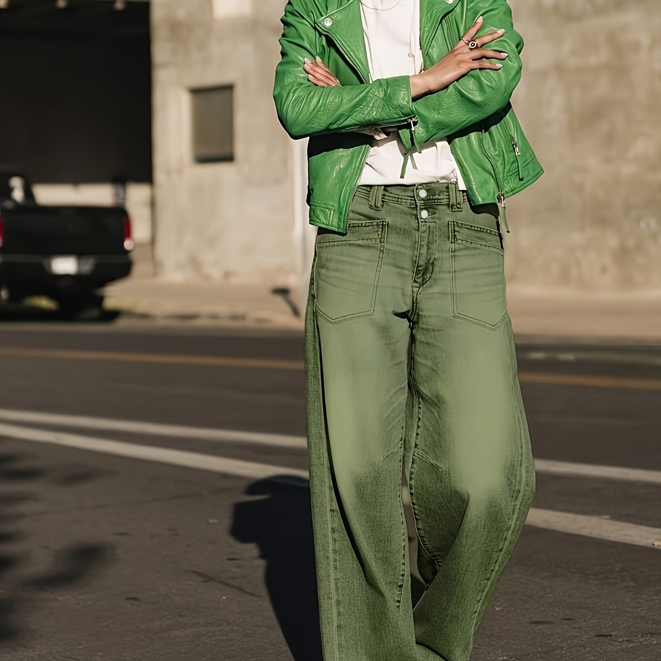 Image of Women's High-waisted Wide-leg Jeans Pants - Army Green Washed Denim Trousers With Front Pocket, Stretchy Straight Leg Bottoms Suitable For , Retro Style & Machine Washable For Casual Wear
