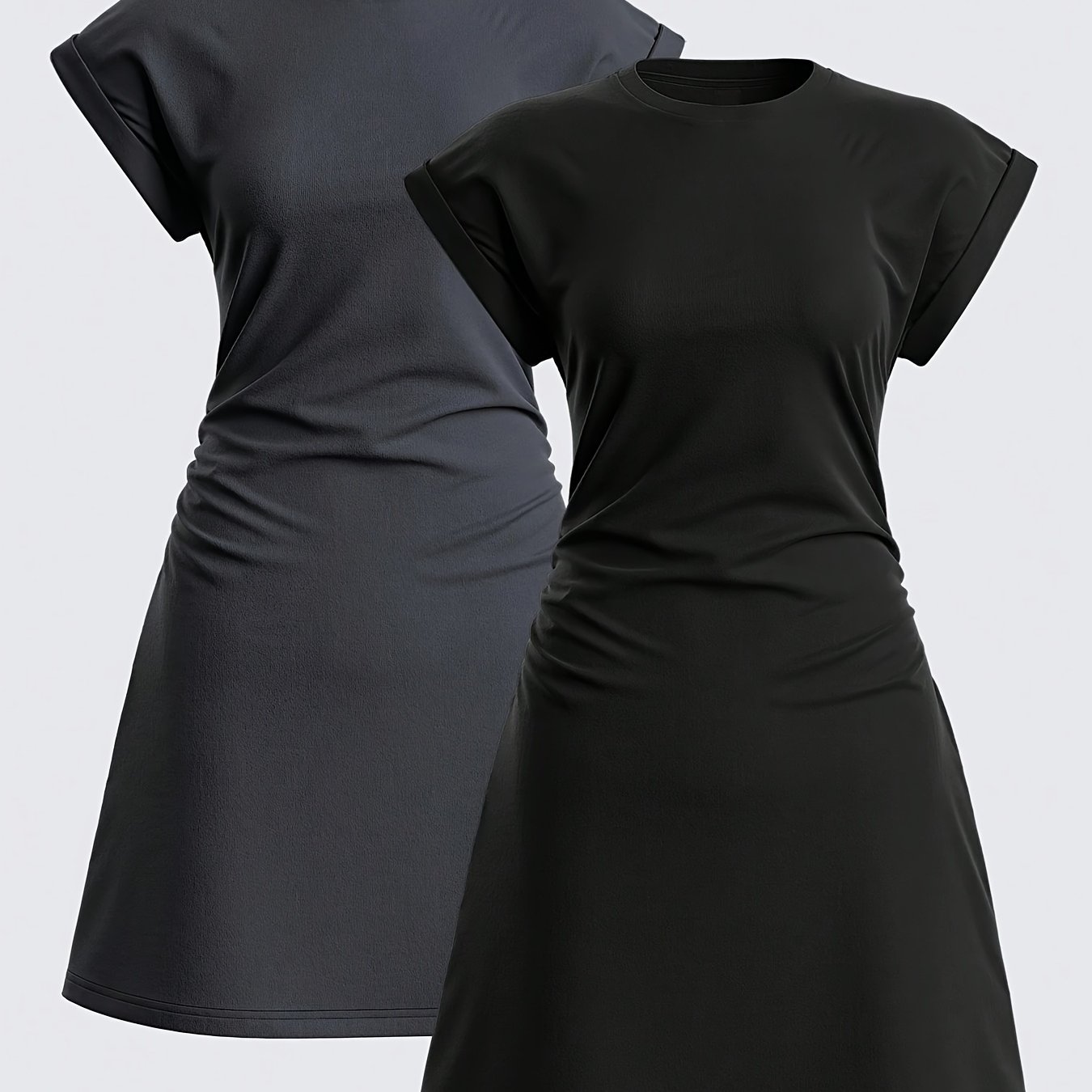 2pcs/set Casual Solid Color Round Neck Short Sleeve Mini Dress Women