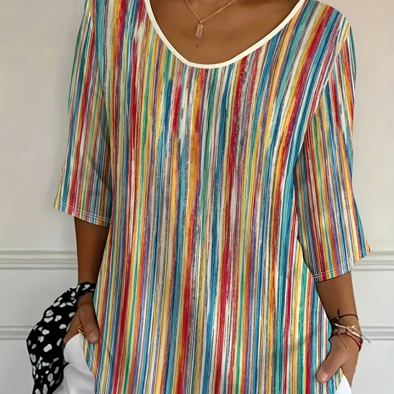 TEMU Plus Size - [printed Design Non-texture] European And Fashion Holiday New Women's Regular Fit Striped -quarter Sleeve T-shirt Top