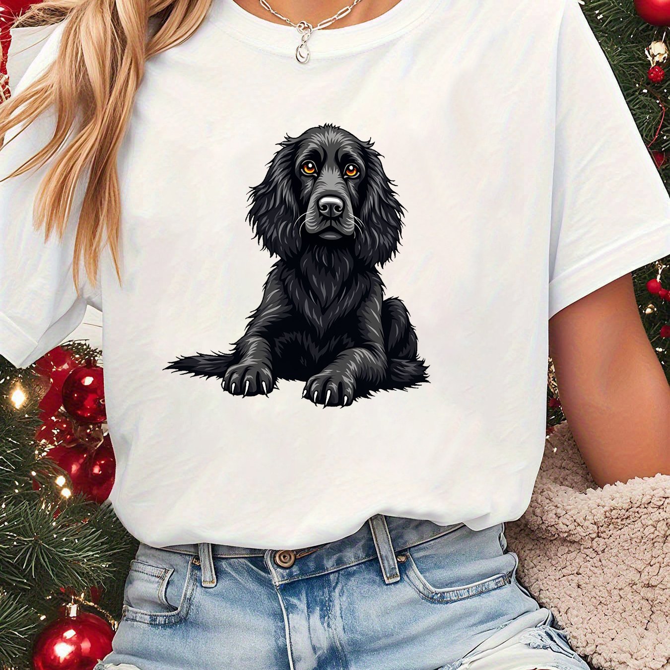 TEMU Black The Gaze Of Orange- Pup Graphic Print T-shirt, Short Sleeve Crew Neck Casual Top For Summer & Spring, Women's Clothing