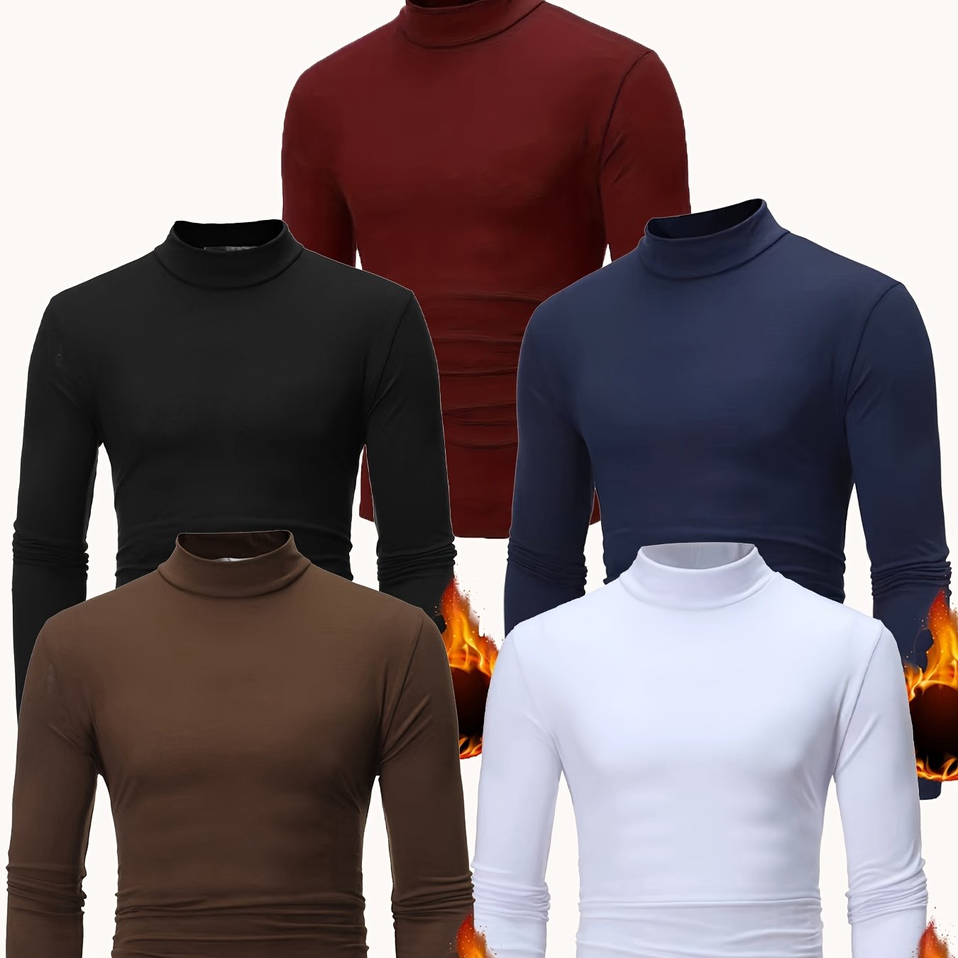 TEMU 5pcs Men's Long Sleeve High Neck T-shirts - Warm & Comfortable, In Solid Colors (red, Black, Navy, White, Brown), Machine Washable For