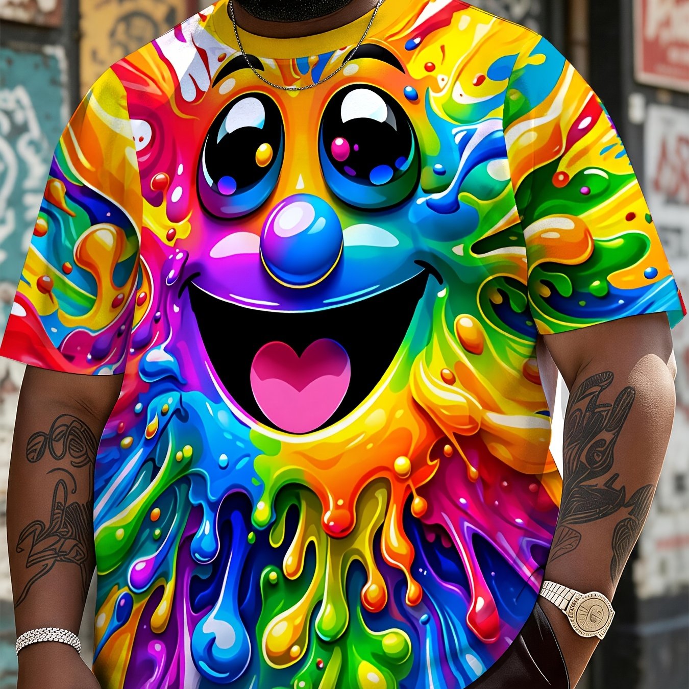 TEMU Men's Oversized Short Sleeve T-shirt - Loose Fit Round Neck Summer Casual Streetwear With Random Print Design | Plus Size Suitable For Daily
