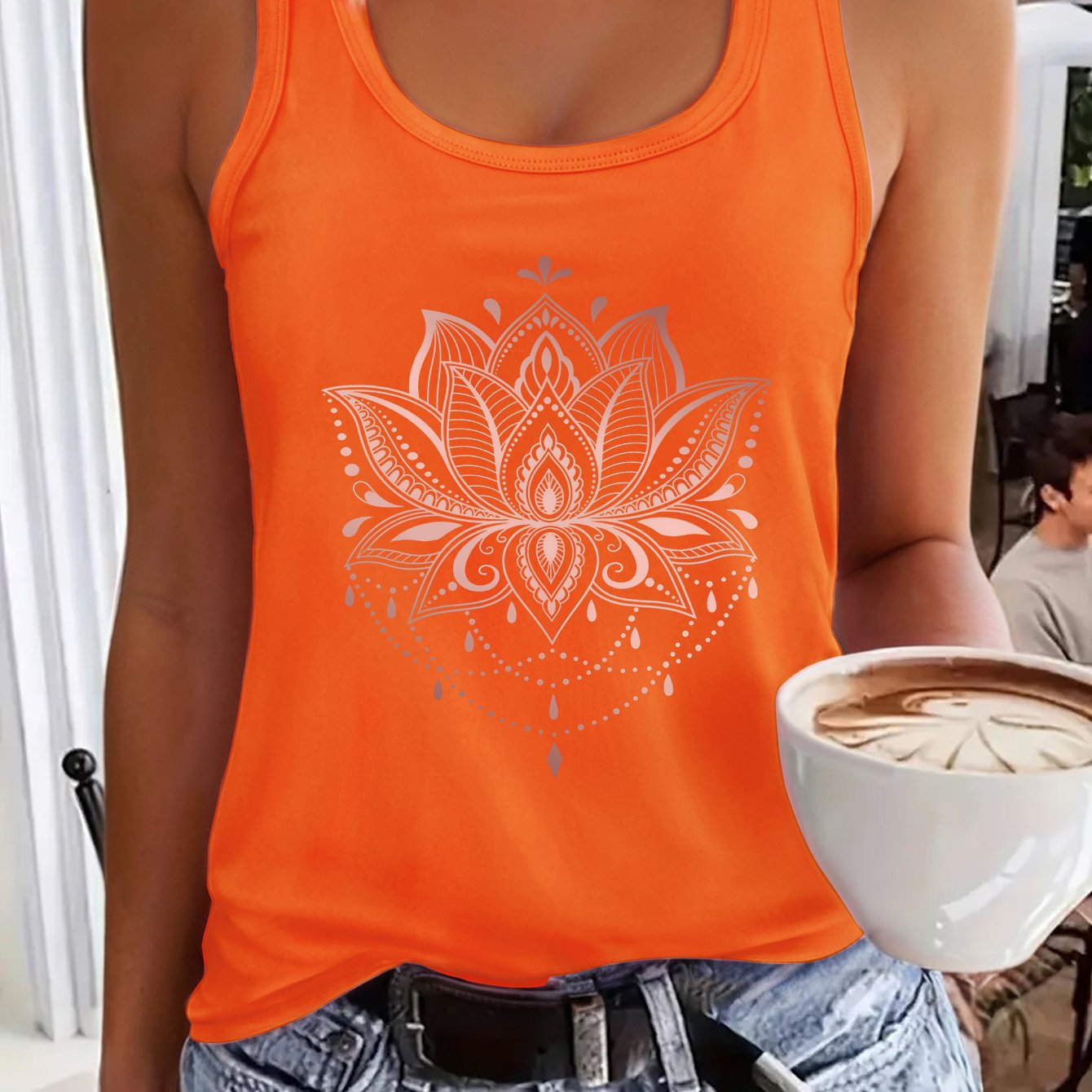 TEMU Stylisches Damen-Ärmelloses Tanktop mit Blumenmuster - Lebhaftes Oranges Mandala-Design, Lässiges & Bequemes Polyestergewebe, Perfekt für