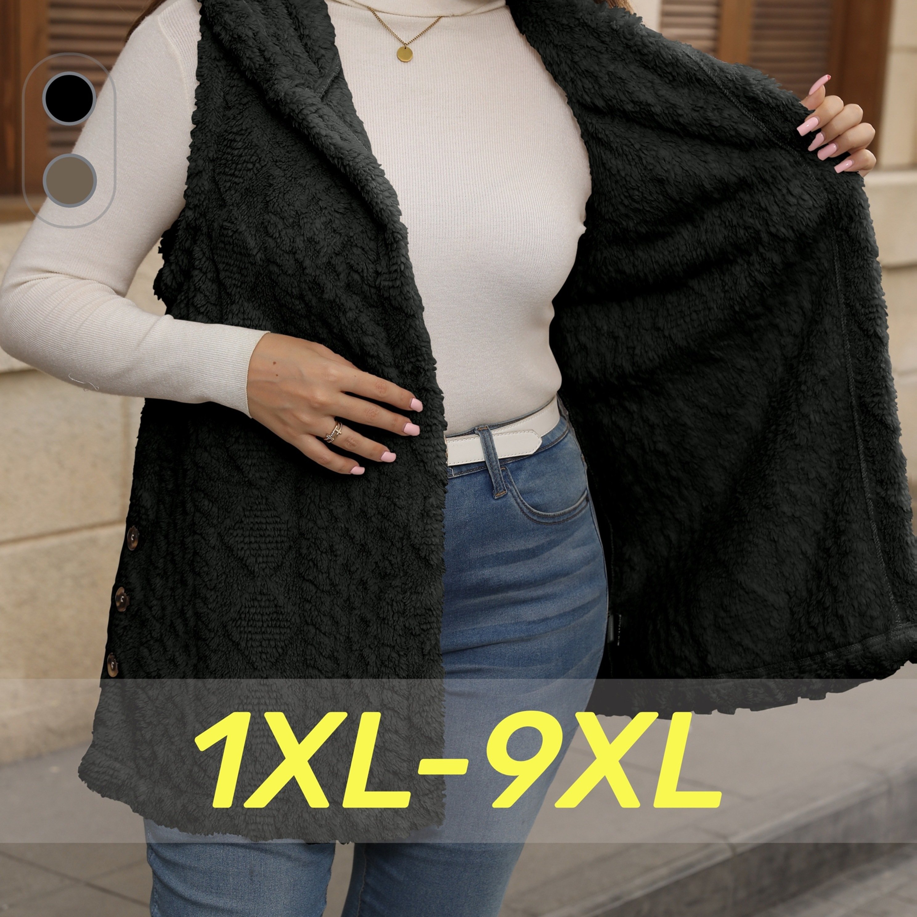 Plus Size - Plus Size - Plus Size Classic Fuzzy Jacquard Solid Color Thick Hooded Single-breasted Warm Versatile Vest Jacket