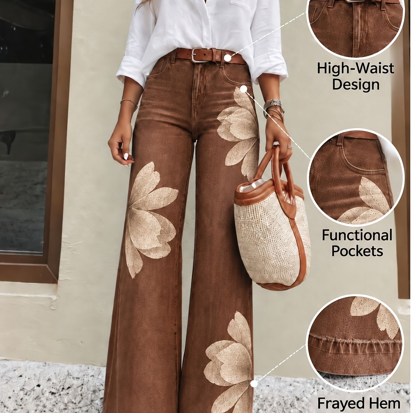 TEMU Nouveau - Jean pour femme , Jean taille haute à jambes larges pour femme, délavée vintage aux , Pantalon à ourlet effiloché brodé, Style bohème