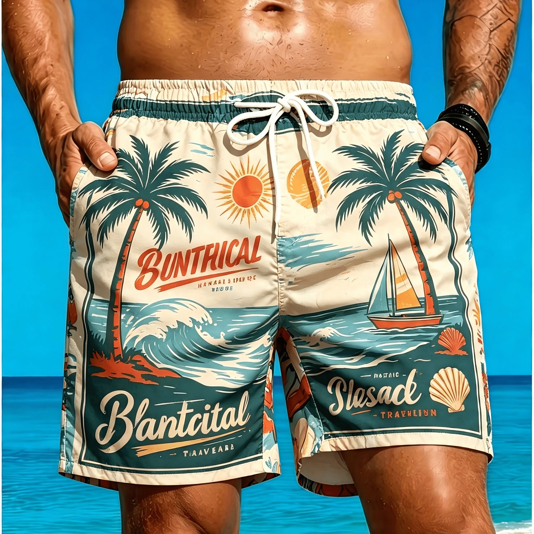 TEMU Men's Lightweight Quick-dry Retro Hawaiian-style Beach Shorts For Summer, Featuring A Coconut Tree And Palm Leaf Print Design, Elastic