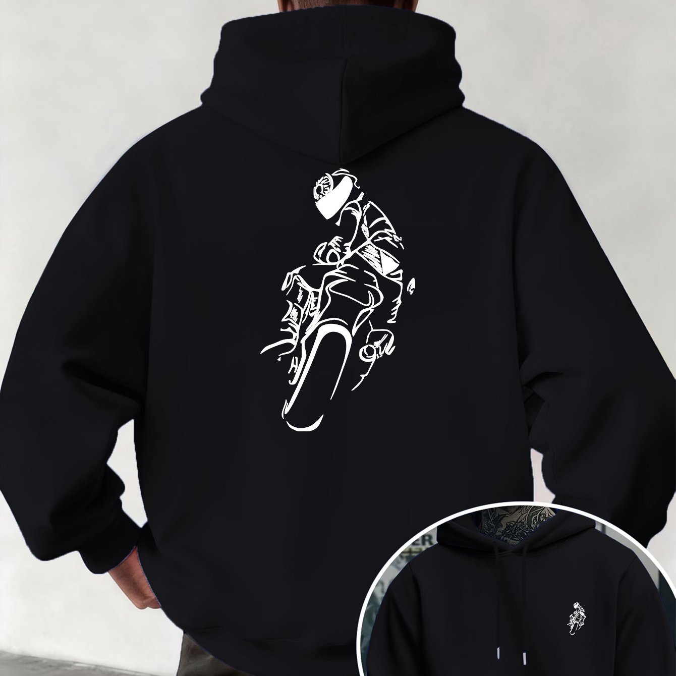Image of Men's Autumn/winter Trendy Hooded Sweatshirt, Motorcycle Rider Line Art Double-sided Creative Print Pattern, Everyday Versatile Top, Motorcycle Style Comfortable Versatile Loose Fit Drawstring Hoodie
