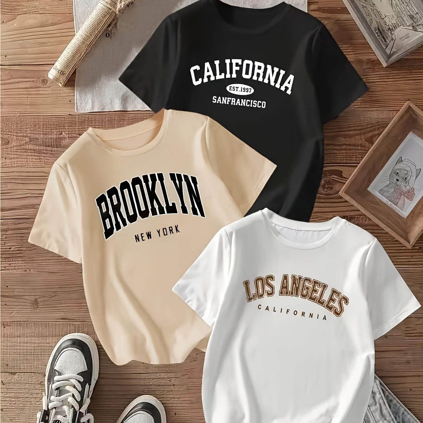 Image of 3pcs Women's Short-sleeve Round Neck T-shirts - Basic Letter Print Blouses, Semi-sheer Casual & Athletic With Short Sleeves, Round Neckline For Layering - Machine Washable - Shirts 3pcs Pack (no)