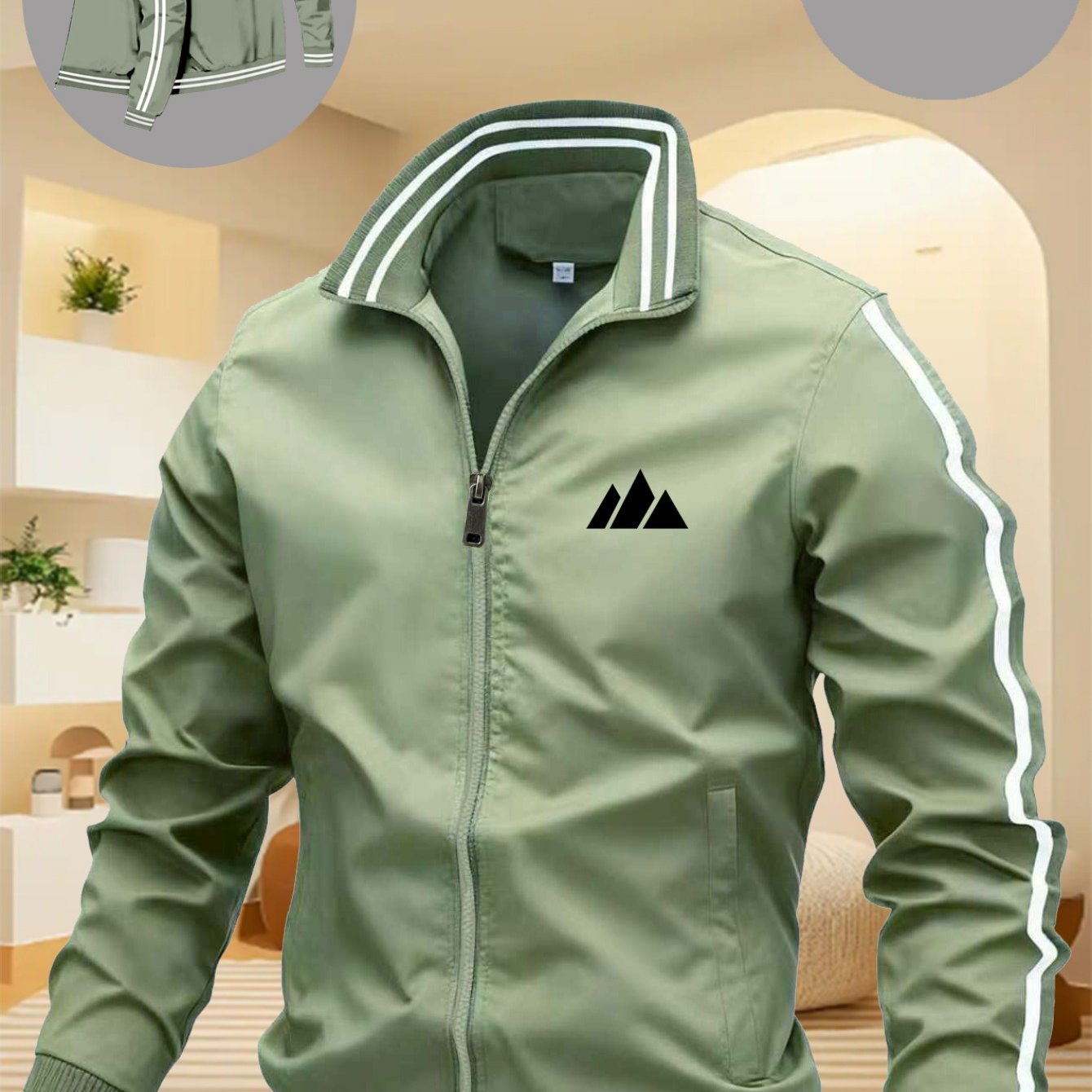 TEMU Men'-peaked Mountain Geometric Logo Red-striped Button- Baseball Jacket For Outdoor Use, Lightweight And Windproof Casual Coat With Zipper.
