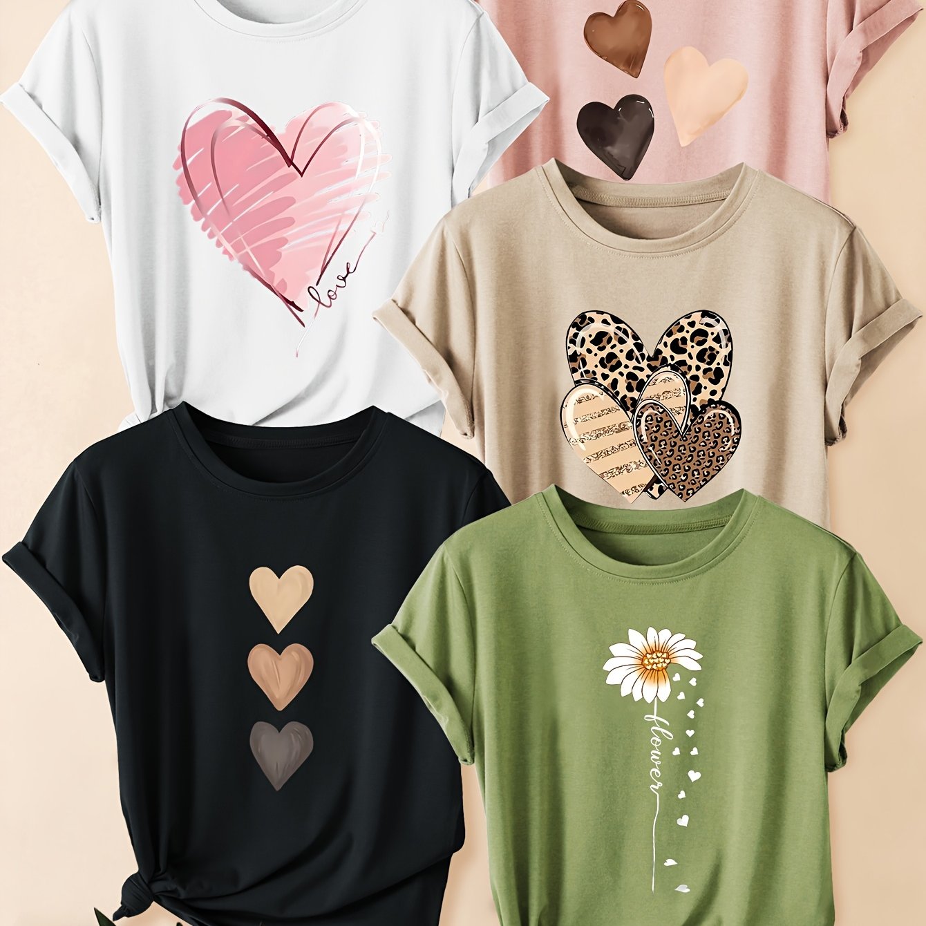 E-shop Fünf-teiliges Set, rosa Leopardenmuster, Herz-Bouquet-Muster, stilvolles Retro-Freizeit-Sport-T-Shirt für Damen mit kurzen Ärmeln und