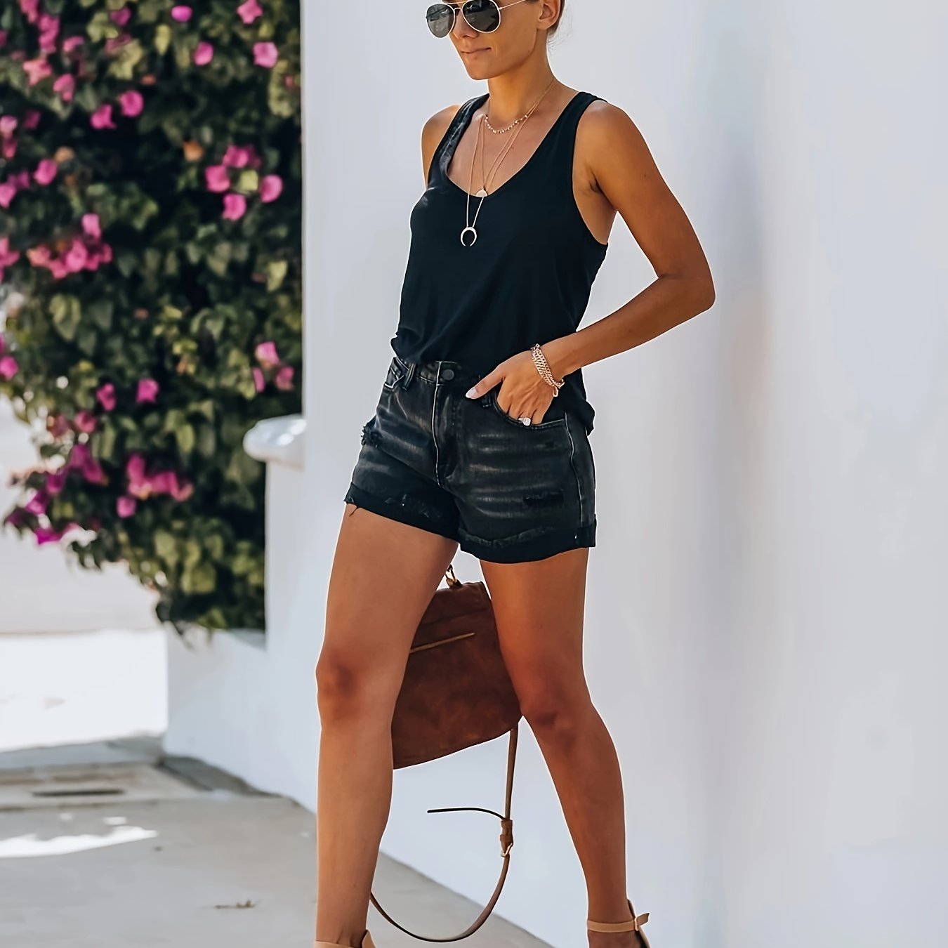 Image of High-stretch Black Spring/summer Fashion Hot Shorts Women's Denim Mid-length Shorts