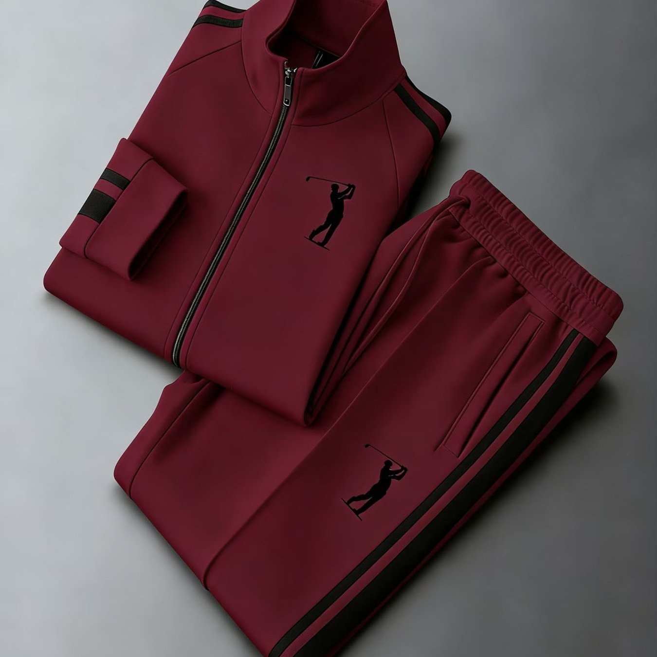 Men's Graphic Tracksuit Burgundy Stand Collar Zip Jacket With Striped Pants Men's Fashion Casual Sportswear For Adults Men Winter Fall Outfit