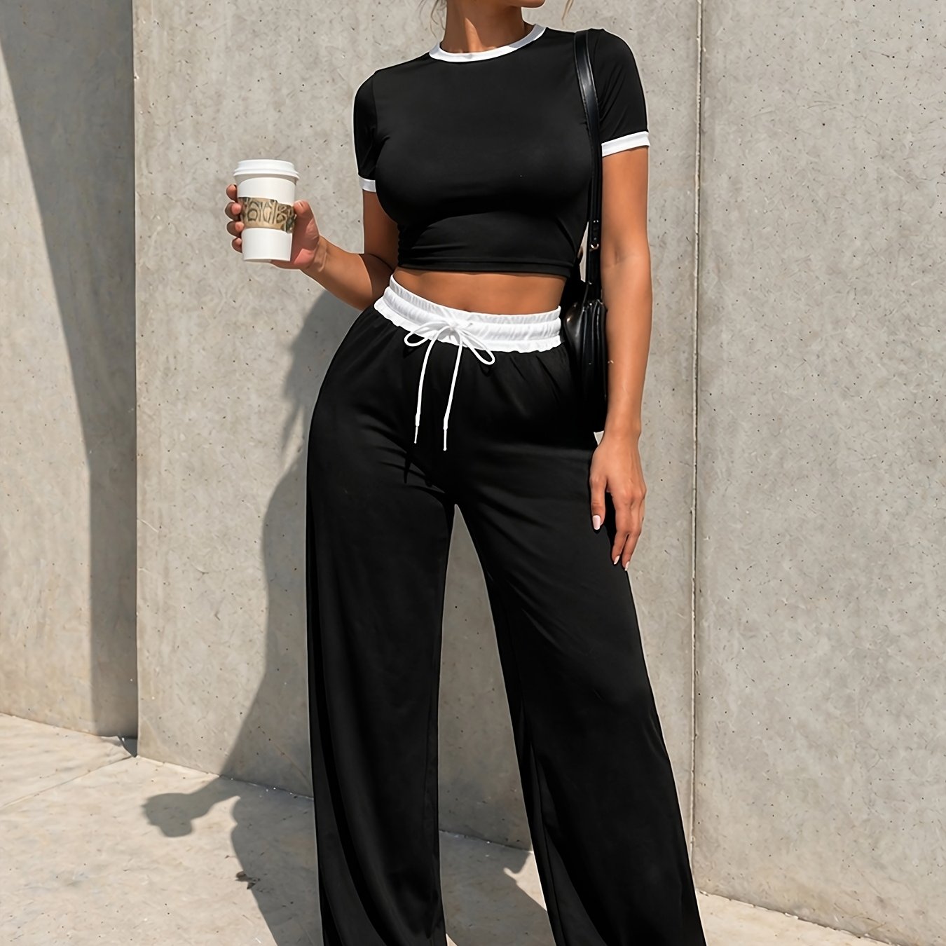 TEMU Women's 2pcs Set - Fitted T-shirt And Long Pants Set - Color - Y , Fashionable And Comfortable For Daily Wear, Straight-leg Casual Pants,