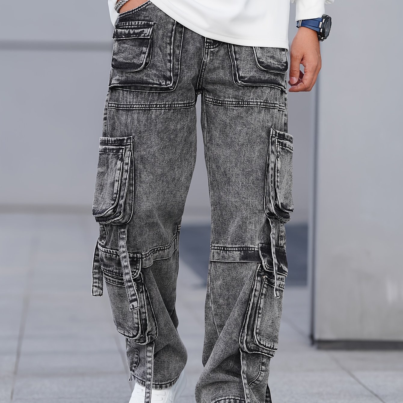 Image of Men's Gray- Multi-pocket Cargo Denim Pants, High-capacity Three-dimensional Pocket Wide-leg Trousers, High-street Ribbon Loose Jeans, Trendy Vintage Casual Cargo Pants
