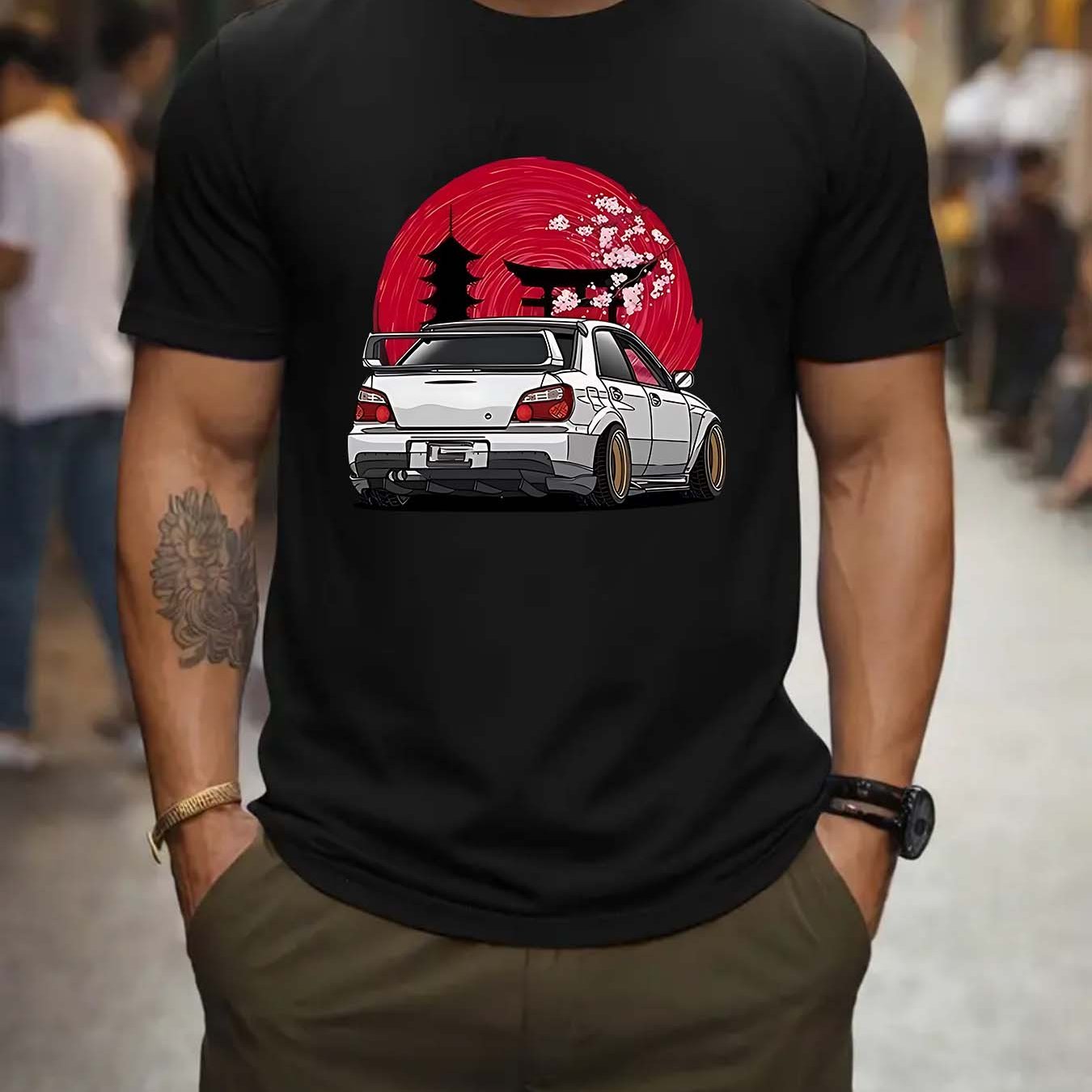 TEMU Japanese Car Print Men's T-shirt - Soft, Breathable, And Comfortable For - Regular Fit, Stretch, And Knit Fabric