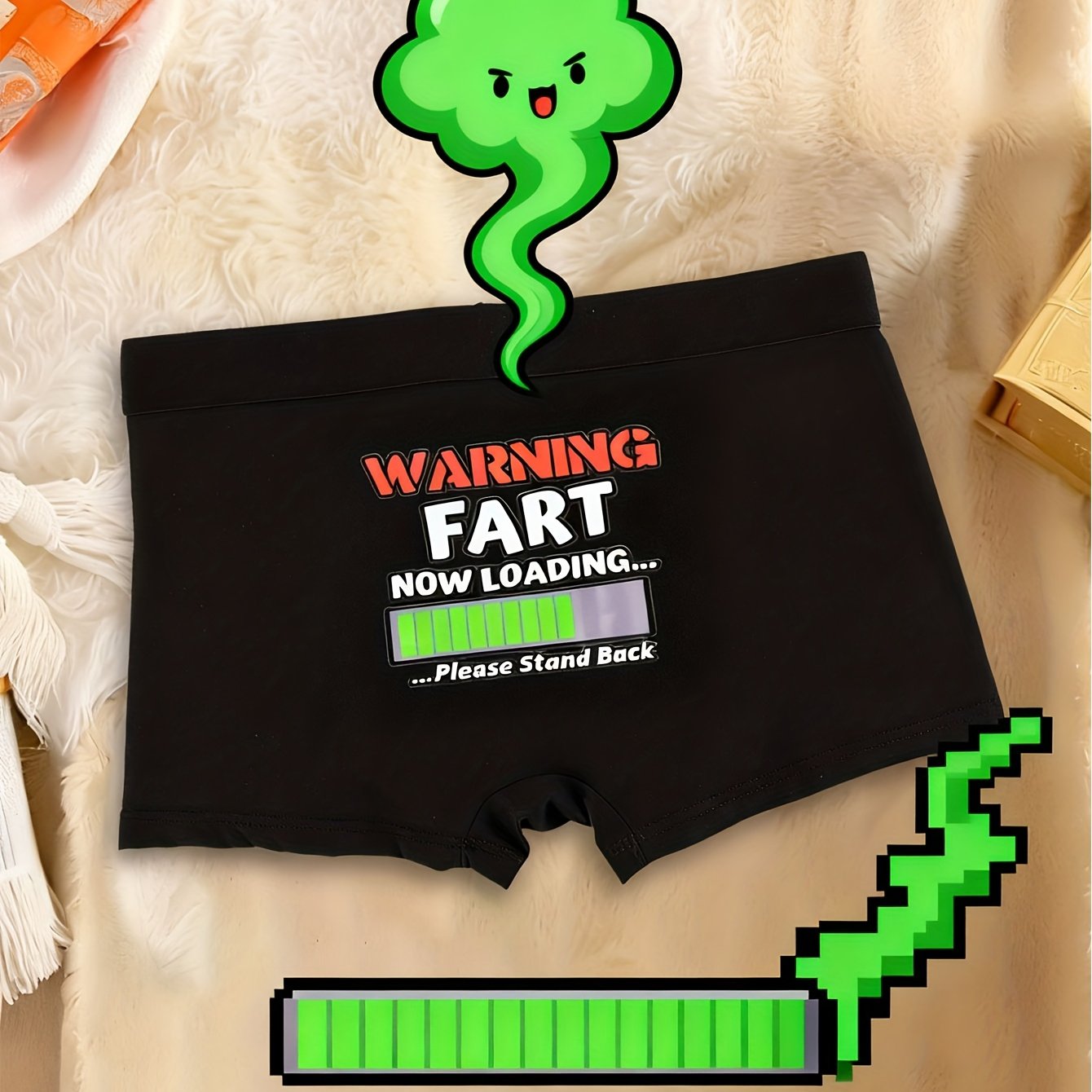 TEMU 1 Pack Men's Funny "warning Fart Loaded" Underwear - Soft Breathable Polyester Boxer Briefs With Fart Sound Effects, Humorous Prank Joke Pants