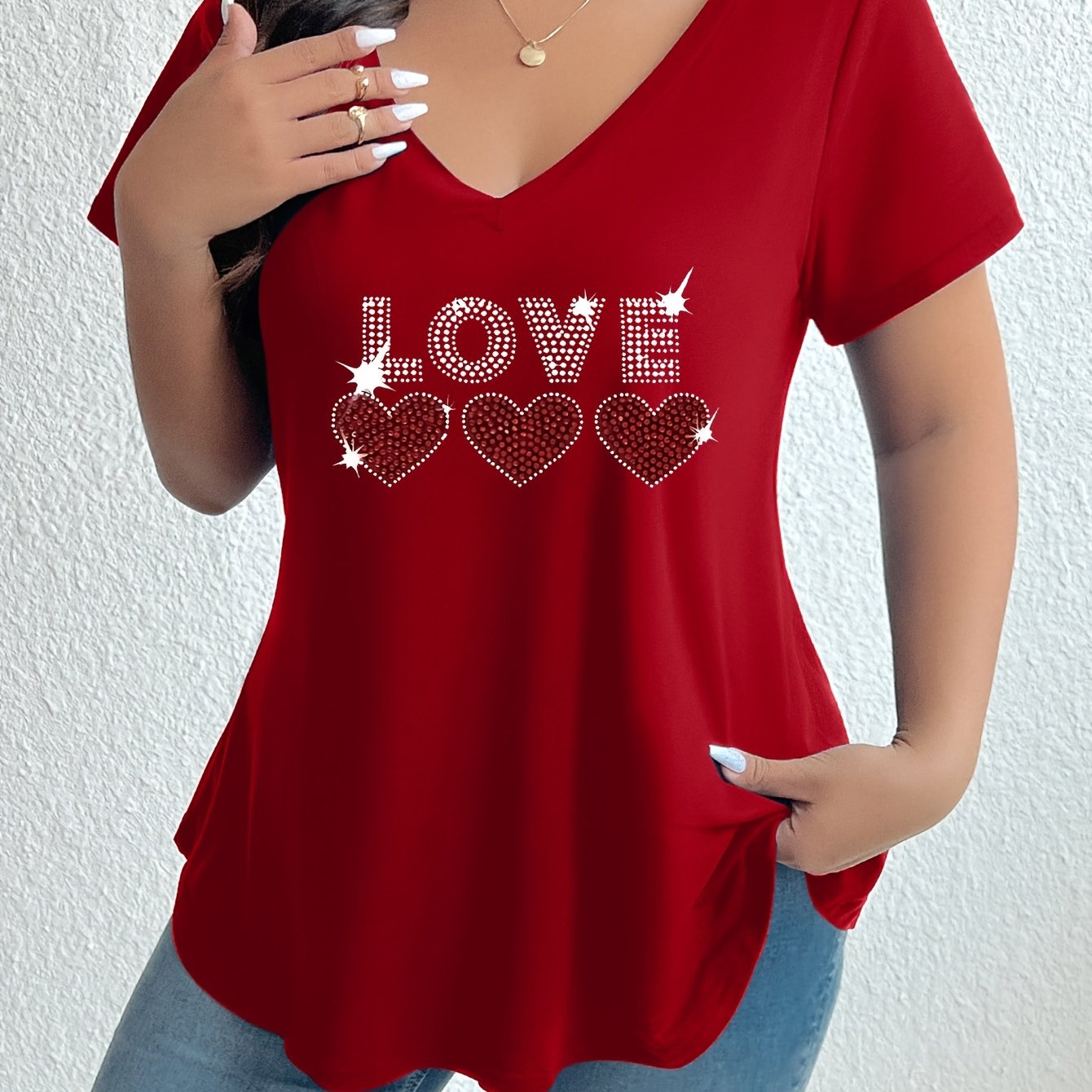 TEMU Plus Size - Plus Size - Plus Size Women's V-neck Solid Color Geometric Pattern T-shirt