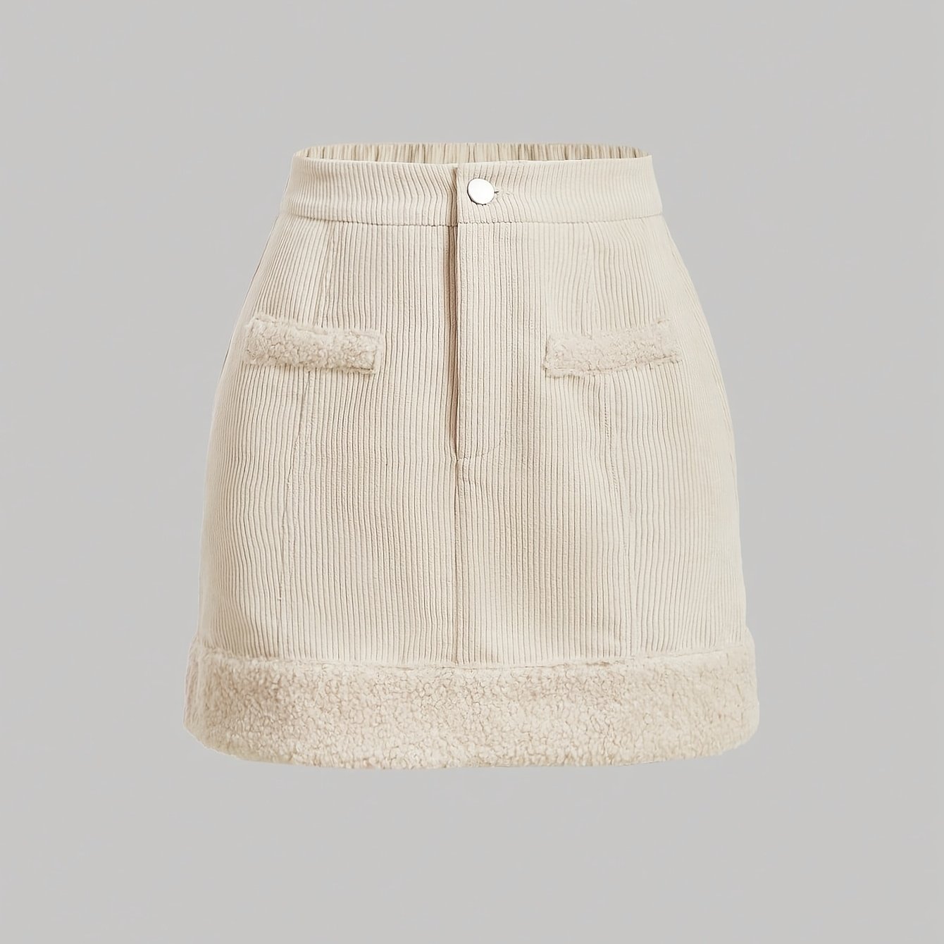 TEMU Women's Corduroy Mini Skirt For Autumn And Winter, High-waisted, Slim-fit, White A-line Bodycon Skirt With Frayed Edges