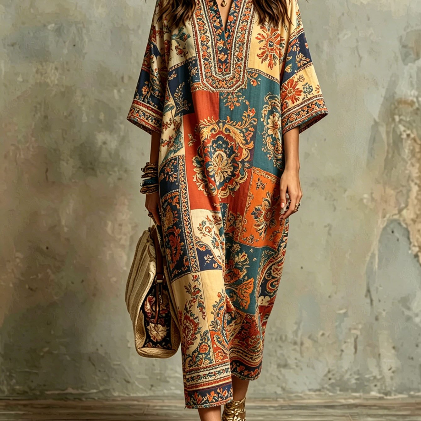 Image of Plus Size, New Arrival Womens Collared Shirt Dress Outdoor Street All Over Retro Color Block Splicing Ethnic Floral Totem Print Fashion Versatile Long Dress