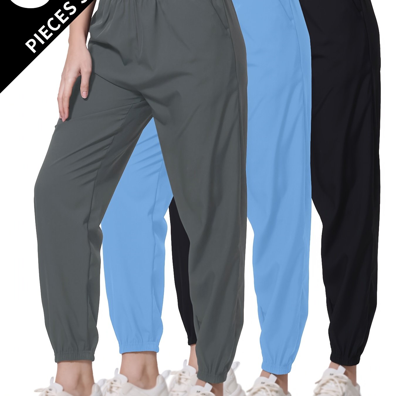 E-shop 3er-Pack Damen Leichte Sportliche Laufhosen mit Elastischem Bund, Unifarben, Sommer Lauf- und Wanderhosen mit