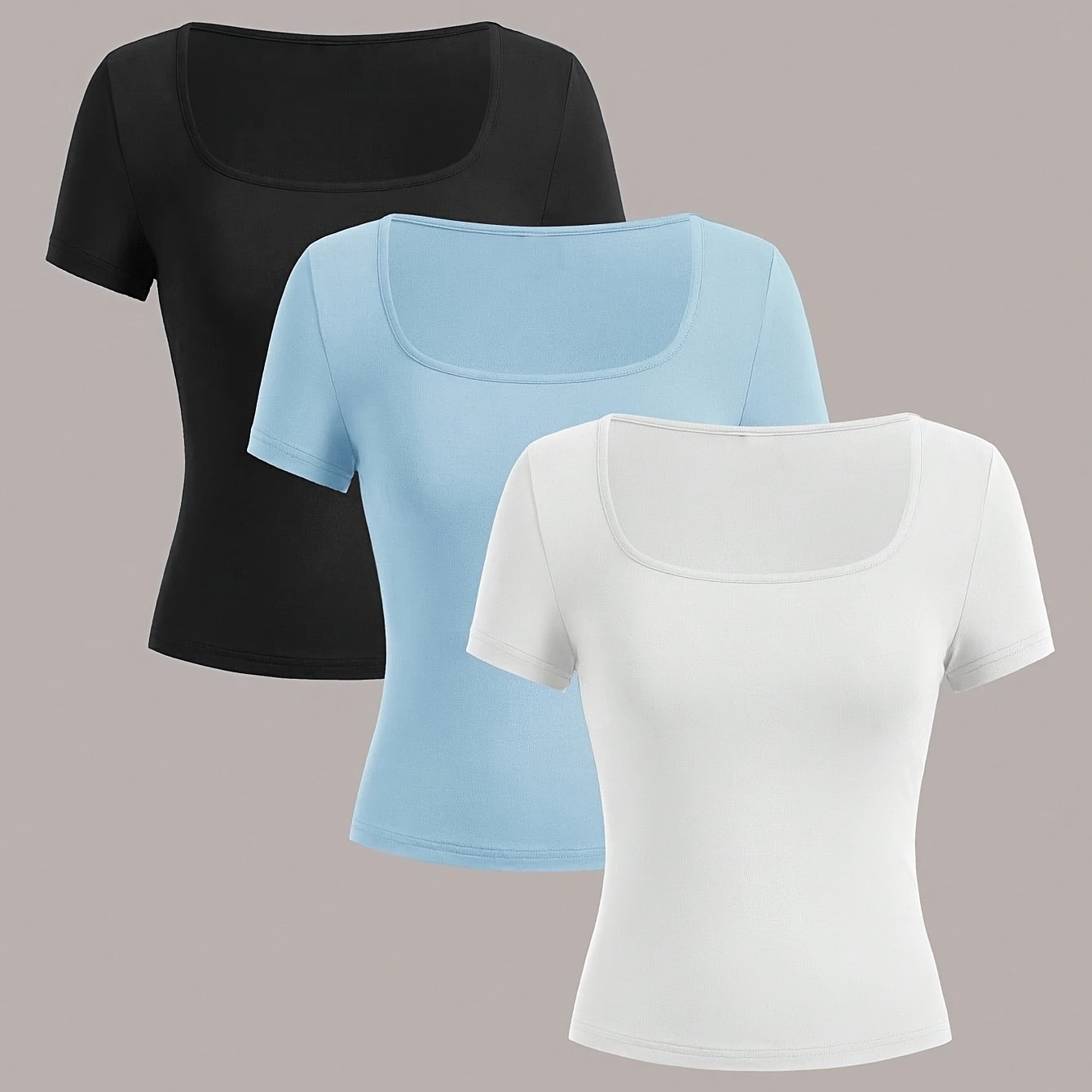 TEMU 3pcs Basic Square Neck Short Sleeve T-shirt, Summer Women's Casual Sport Top