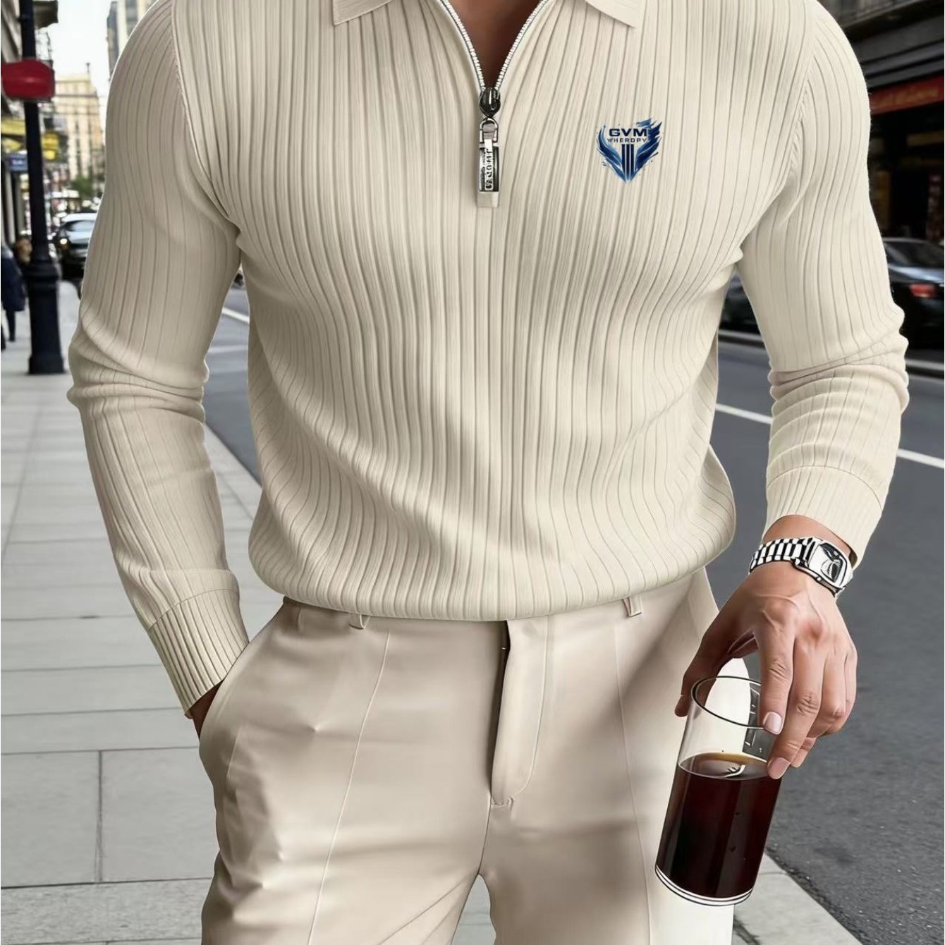 TEMU Autumn Men's Ribbed Long Sleeve Shirt Print Half-zip Stand Collar Slim Fit Breathable T-shirt