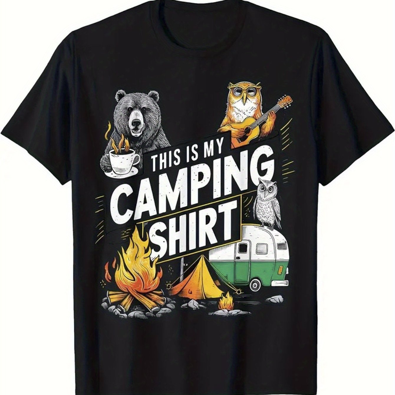 TEMU Men's Camping Graphic T-shirt - Bear, Guitarist, Rv & Campfire - Soft Breathable Tee For Road Trips, & Campfire Nights - Casual Shirt For