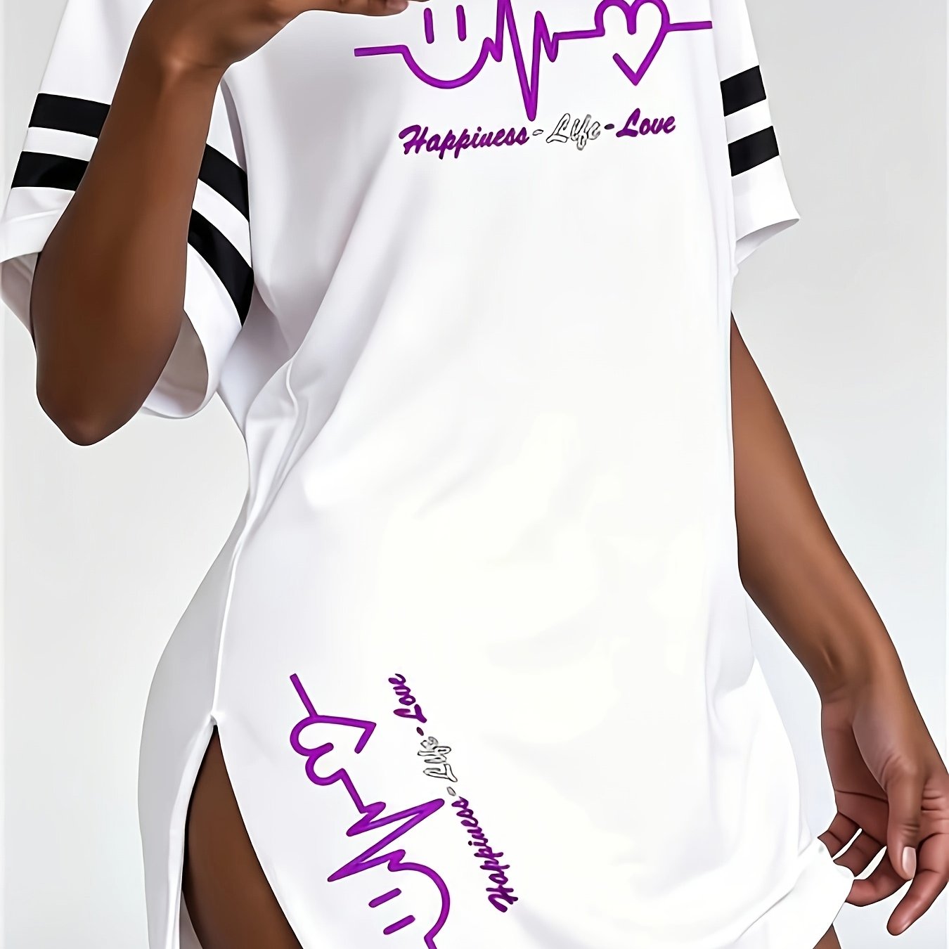 TEMU [printed Design - Non-realistic Texture] Plus Size Women's Purple Smiling Heartbeat Line Printed White Long T-shirt Dress, Women' Stripe Short