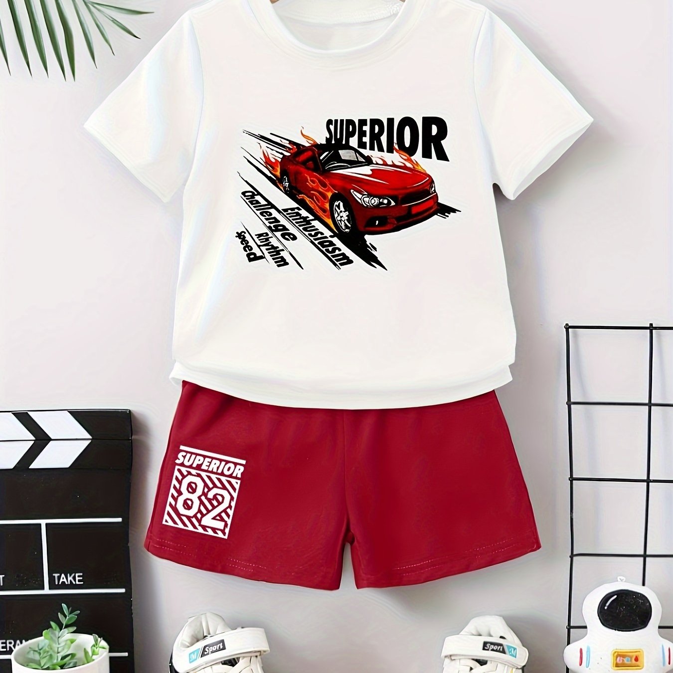 TEMU 2pcs Boys Casual Cool Racing Car Print Comfortable Versatile Short Sleeve T-shirt & Shorts Set, Cool, Lightweight And Comfy Summer Clothes!