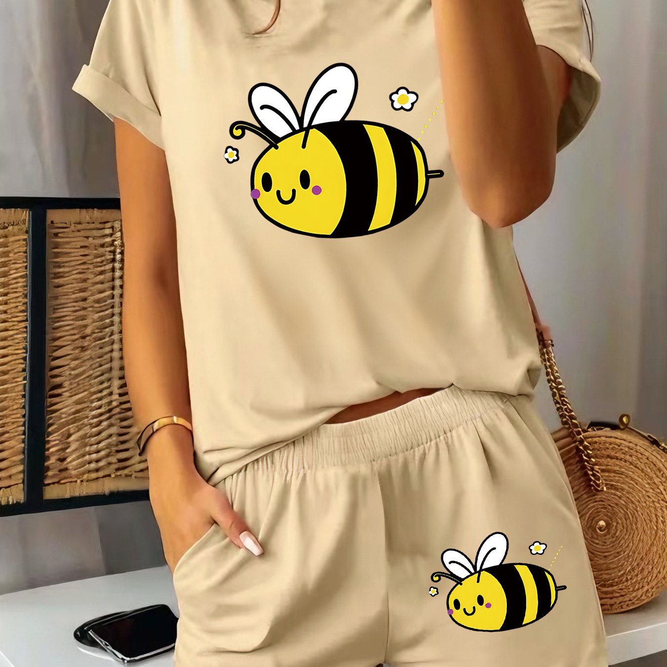 TEMU 2pcs Women' Print Short Sleeve & Shorts Matching Pajamas - Bee-themed Sleepwear & Daywear, Soft Breathable Spring Summer Sleepwear Suitable For