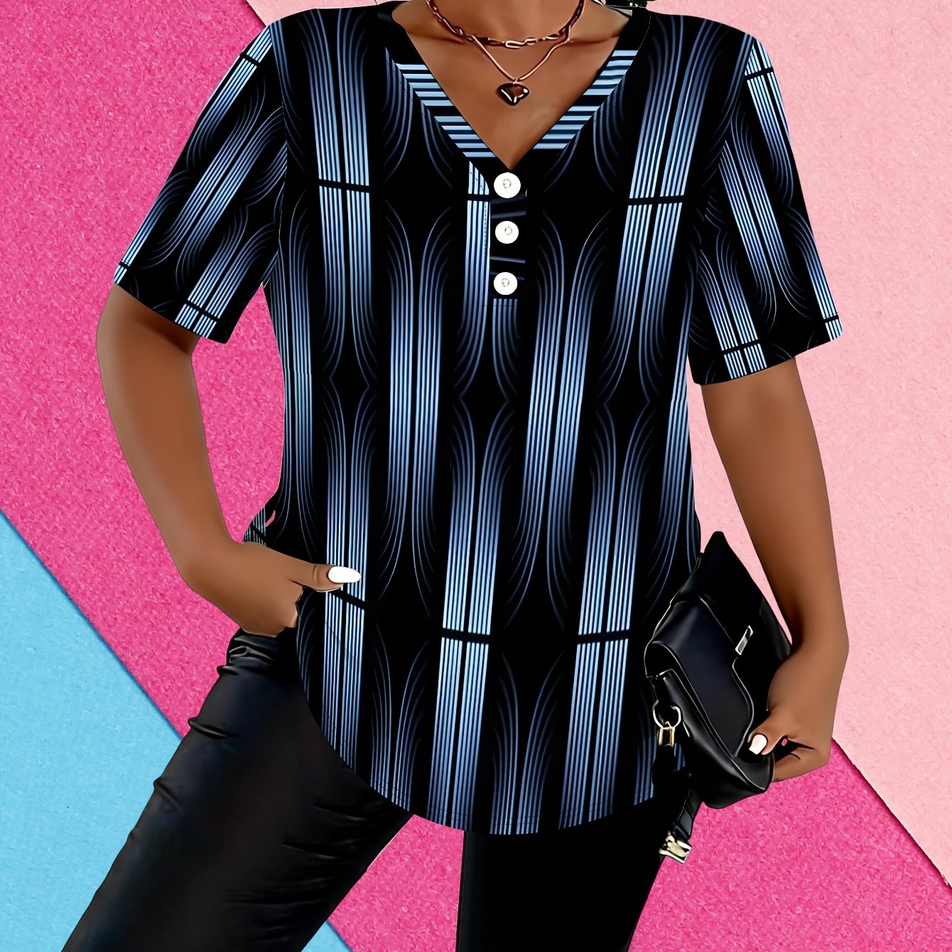 TEMU Plus Size, Plus Size Women's Summer With Blue And White Geometric , Three-button V-neck Short Sleeve Y Casual Comfortable Top