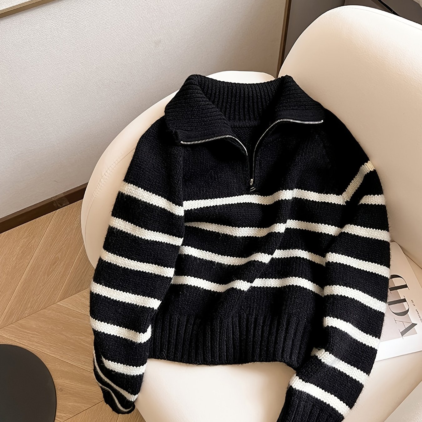 TEMU Pull à col contrasté rayé pour femmes, nouveau pull d'automne/hiver épaissi à demi-zippeur et