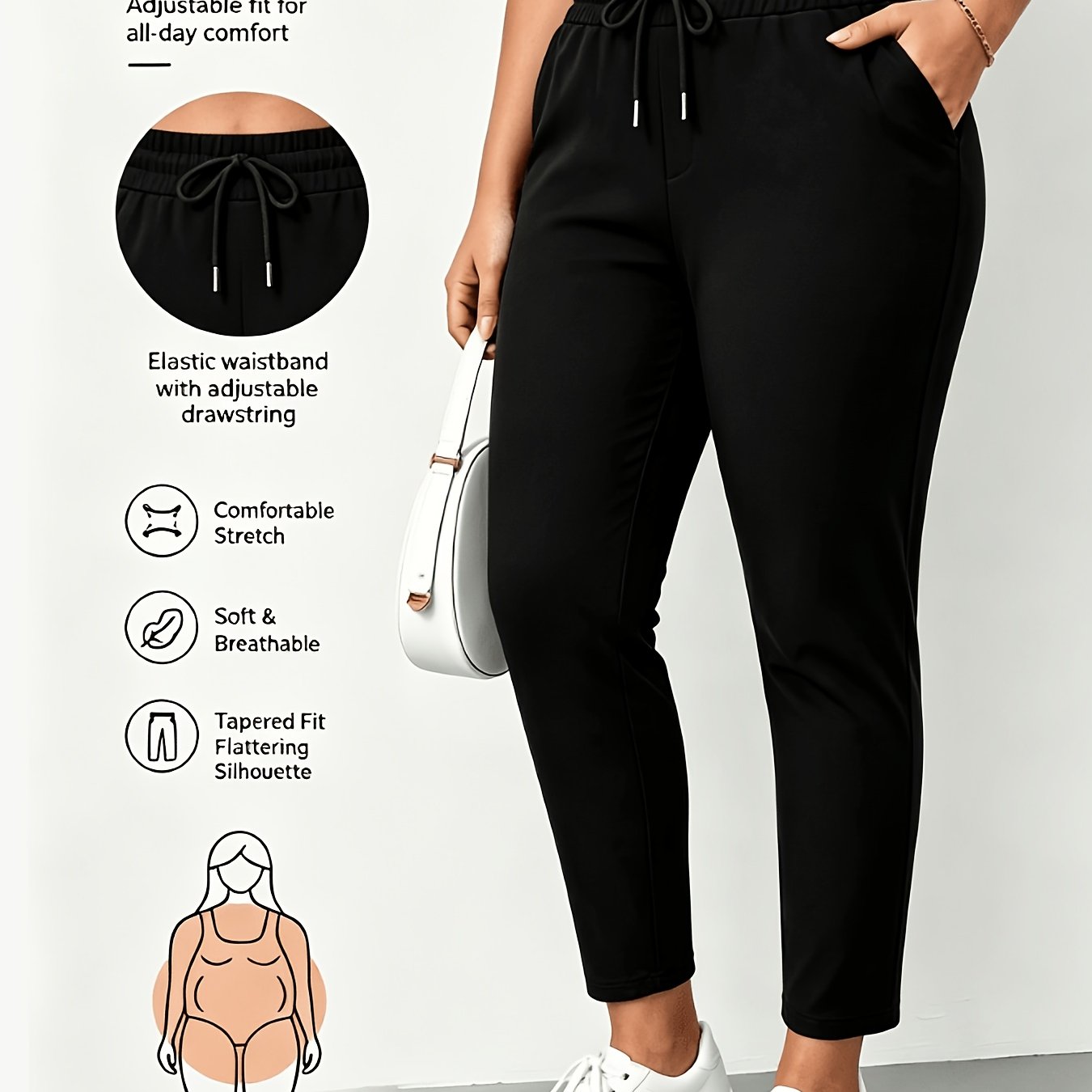 TEMU Plus Size, Plus Size Women's Drawstring Elastic Waist Jogger Pants, Soft Stretchy Tapered Casual Trousers, Versatile Breathable Everyday