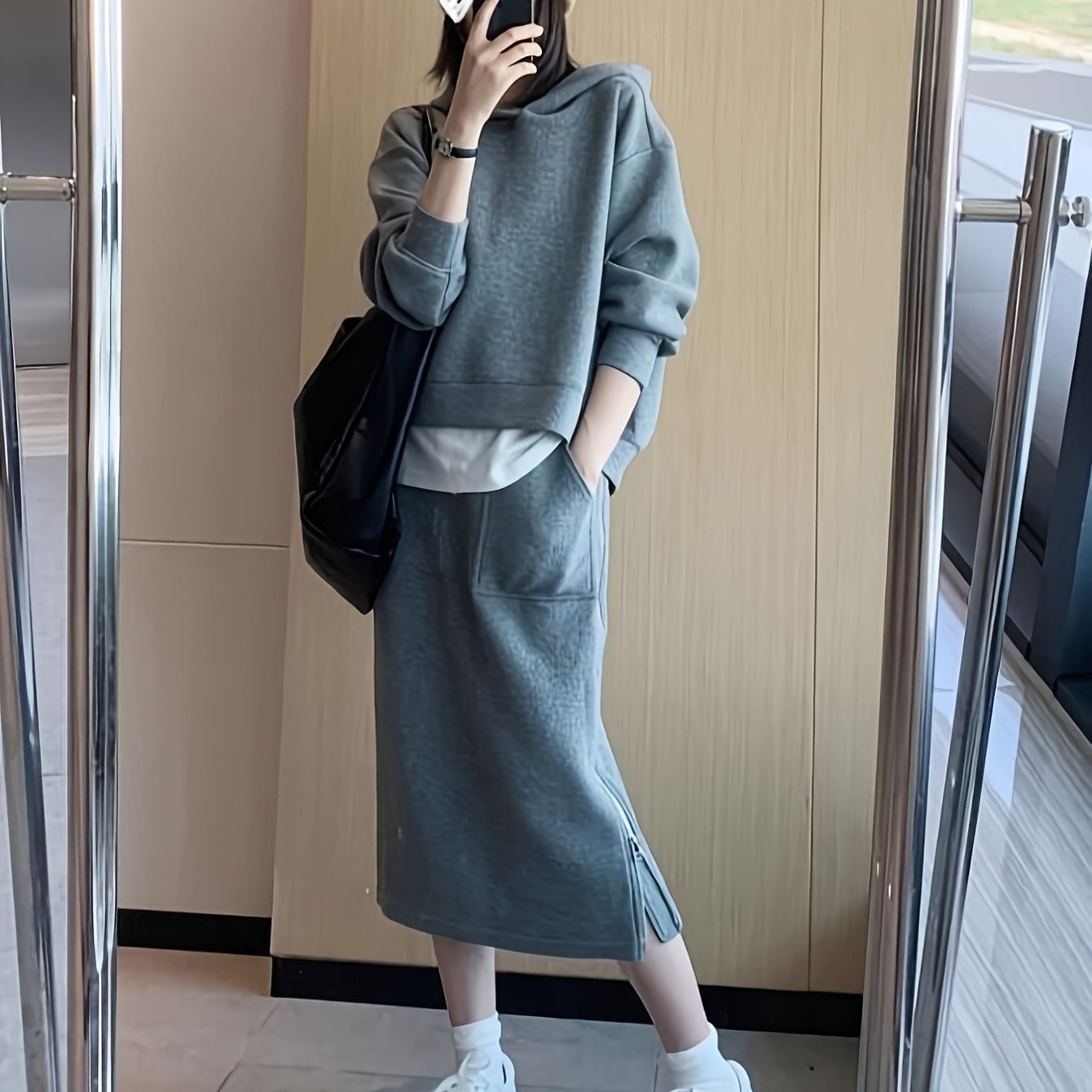 TEMU Ladies' Suits, Two-piece Sets, Skirt Sets, Hooded Sweatshirt Dress Sets, Casual, Elegant, Comfortable, Simple, Fashionable, Pocket, Skirt Sets,
