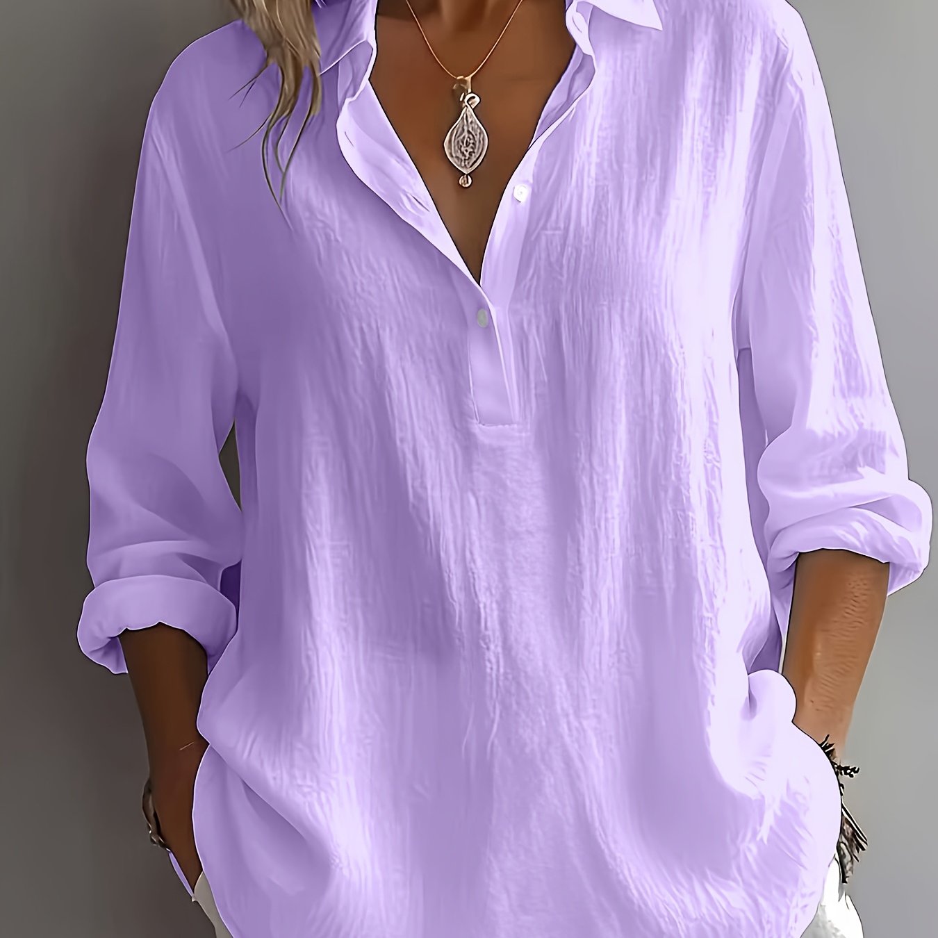 Plus Size, New Stunningly Elegant Versatile Plus-size Women's Shirt With Half-open Collar And Long Sleeves