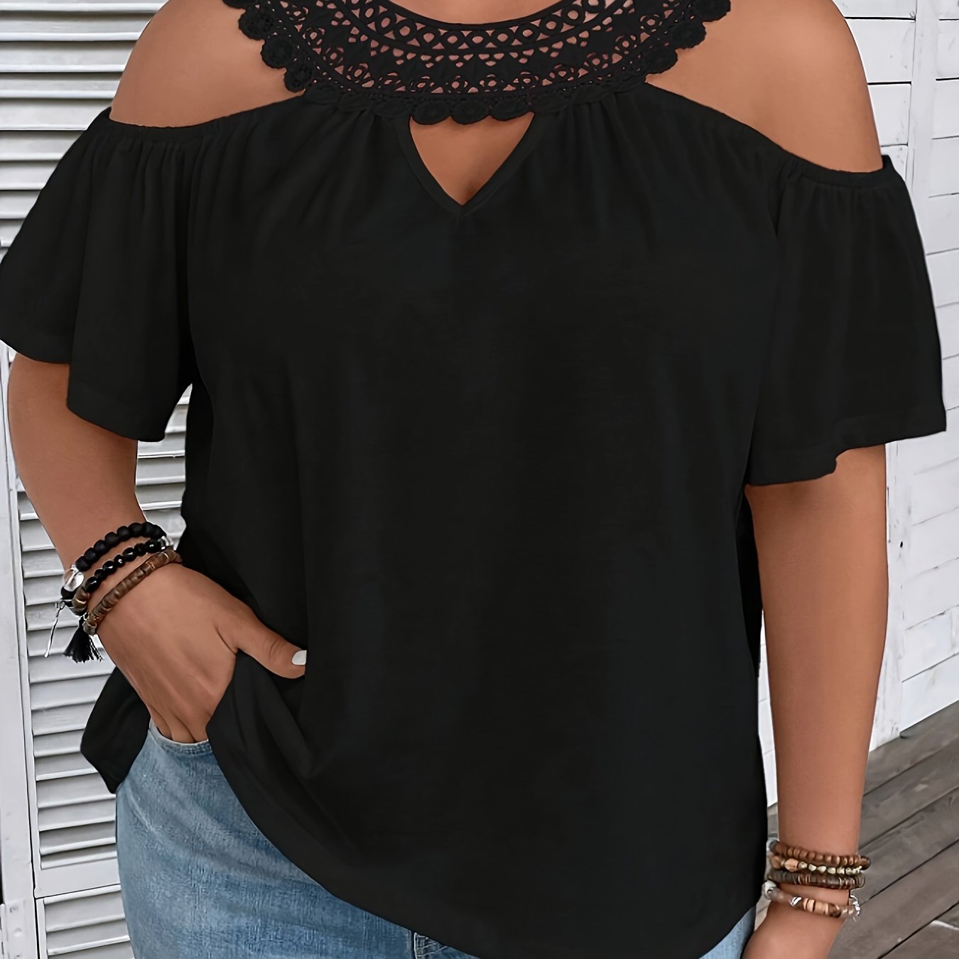 Plus Size, Women's Plus Size /summer Off-shoulder Lace T-shirt