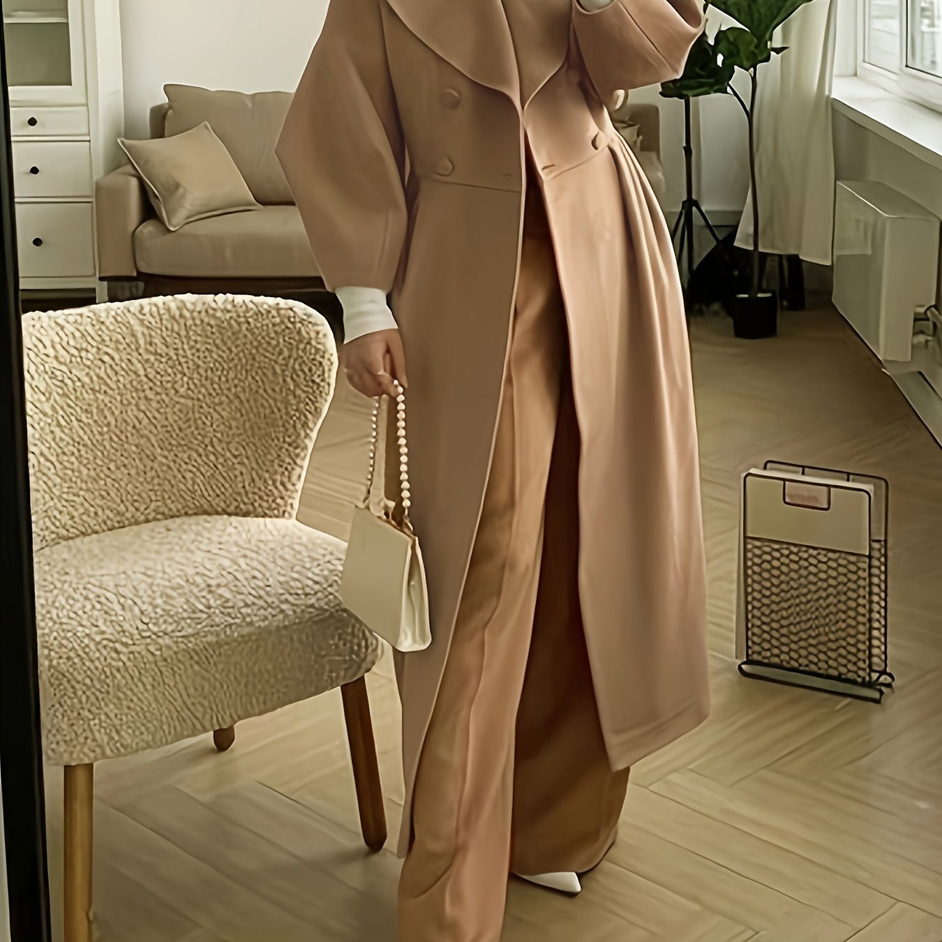 Double breasted Notched Collar Coat Elegant Solid Color Long - Temu