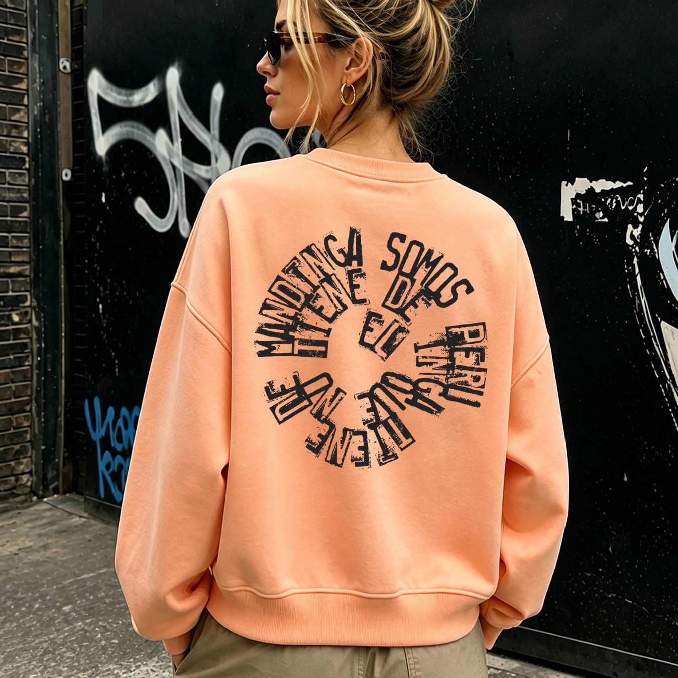 Image of Autumn Women's Fashionable Ribbed Crewneck Sweatshirt With Street Style Back Circular Letter Print For Fall Winter, Loose Drop Shoulder Long Sleeve Pullover Top