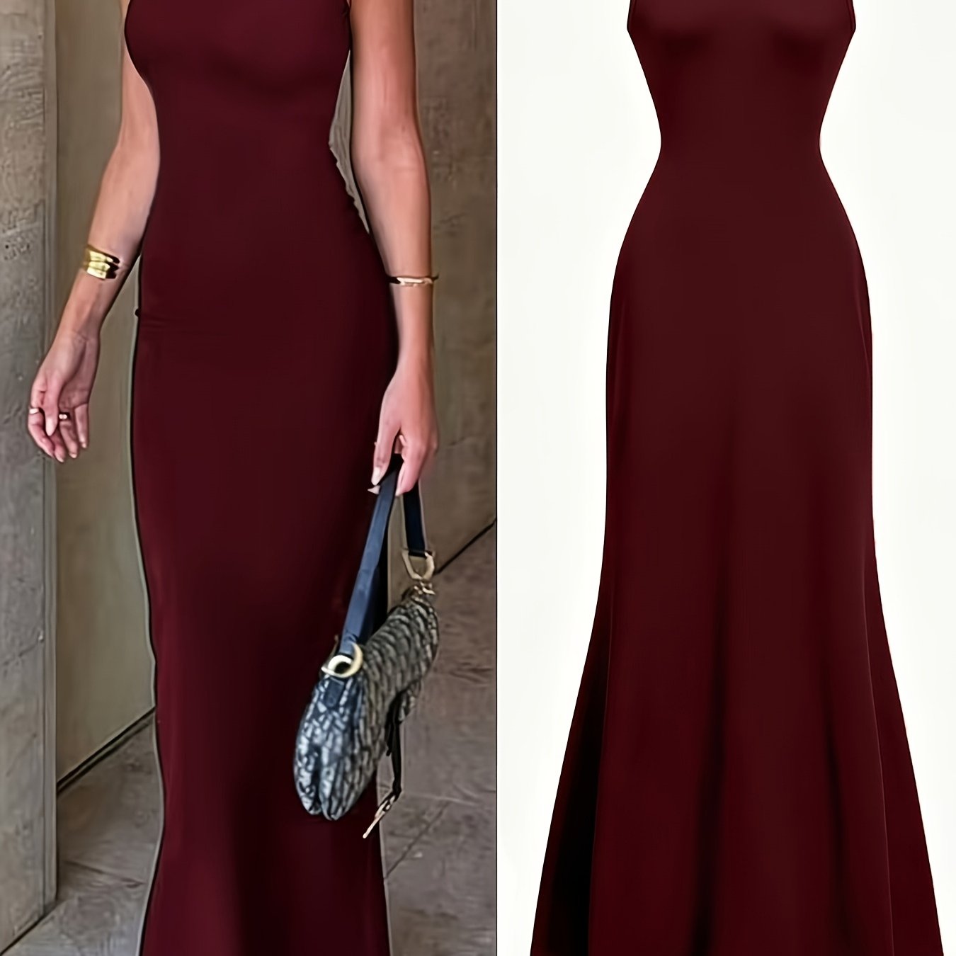 TEMU 2025 Women's Essential Summer-to-autumn Piece: Elegant Solid Color Slim-fit Maxi Dress - Sleeveless Bandage Fit-and-flare Stand Collar, Suitable