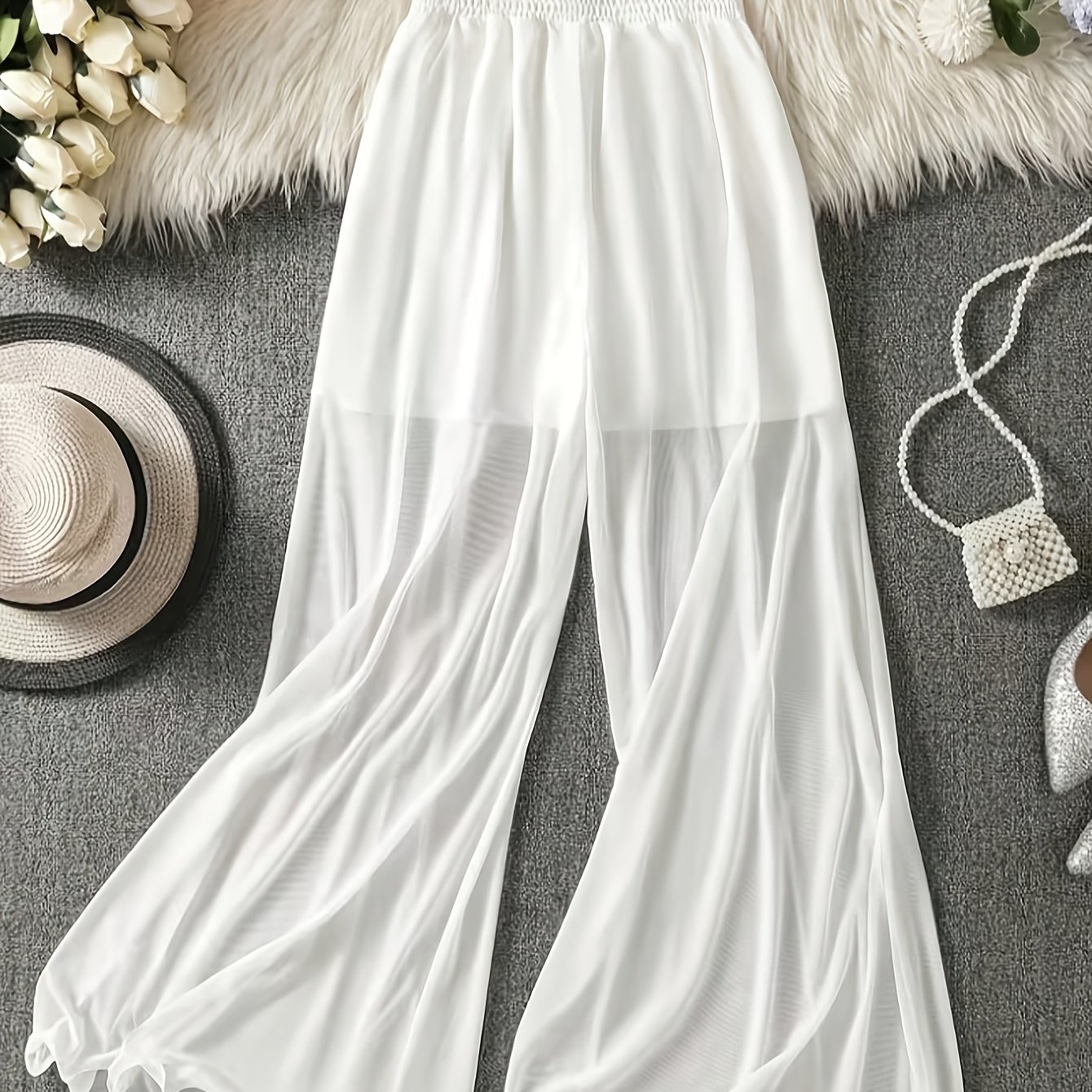 Women's Spring Summer New Casual Breathable Comfortable Wide-leg Pants Solid Color Elastic Waist Mesh Long Trousers