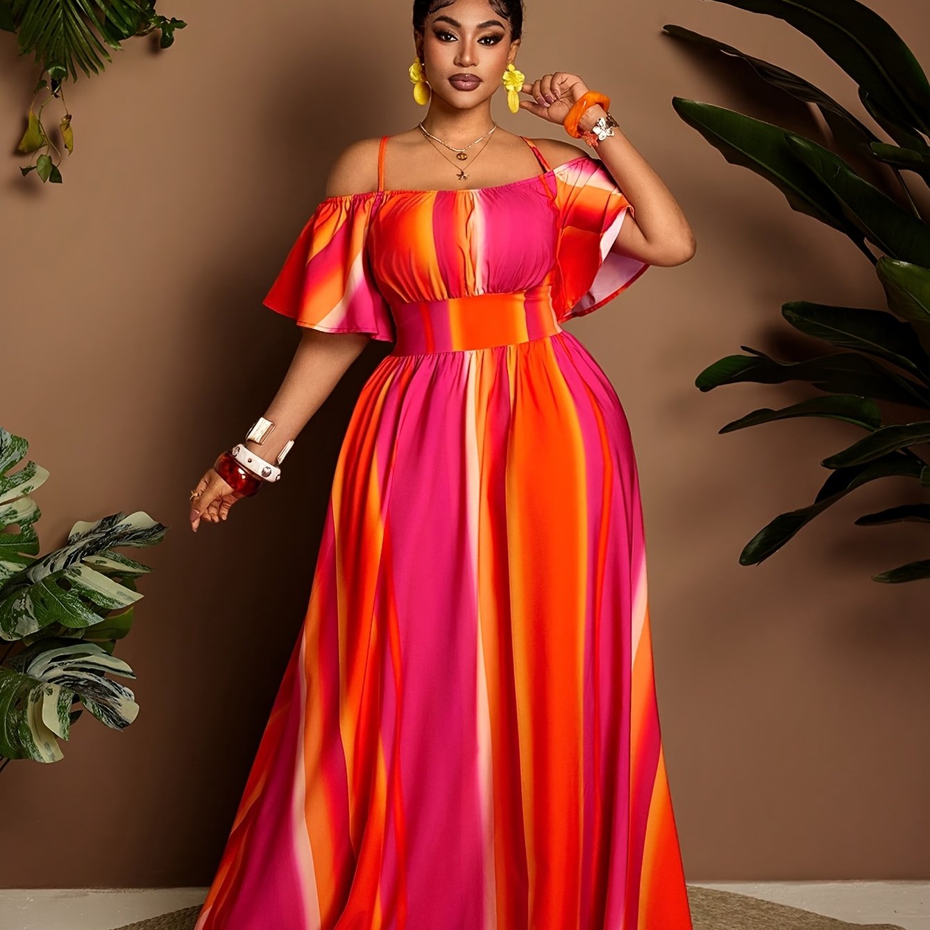 TEMU Plus Size Women's Printed Summer Off-shoulder Long Dress