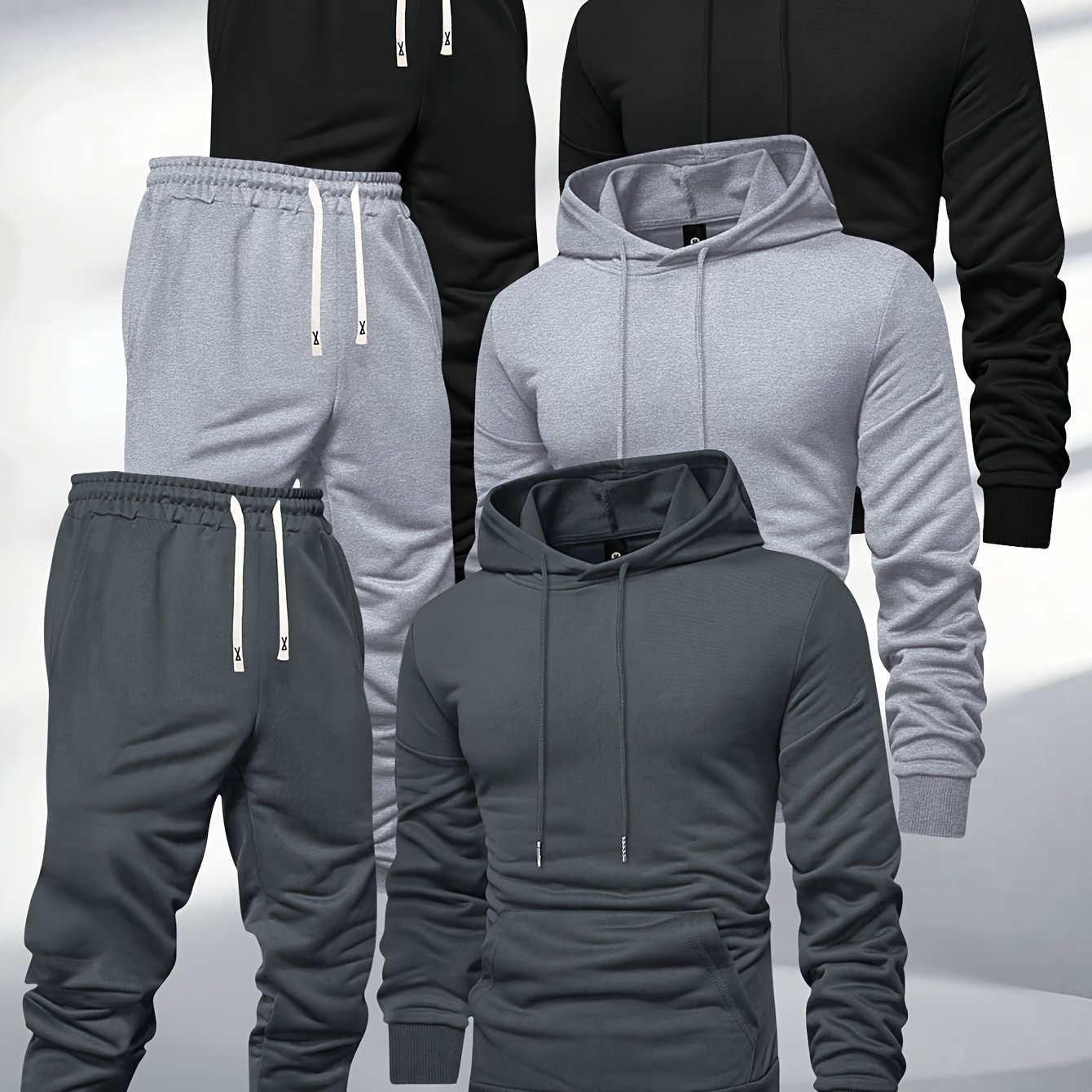 TEMU 6pcs Men's Hooded Sweatshirt And Jogger Pants Spring Autumn Casual Sports Set Solid Color Pullover Regular Long Sleeve Hooded Top And Waist