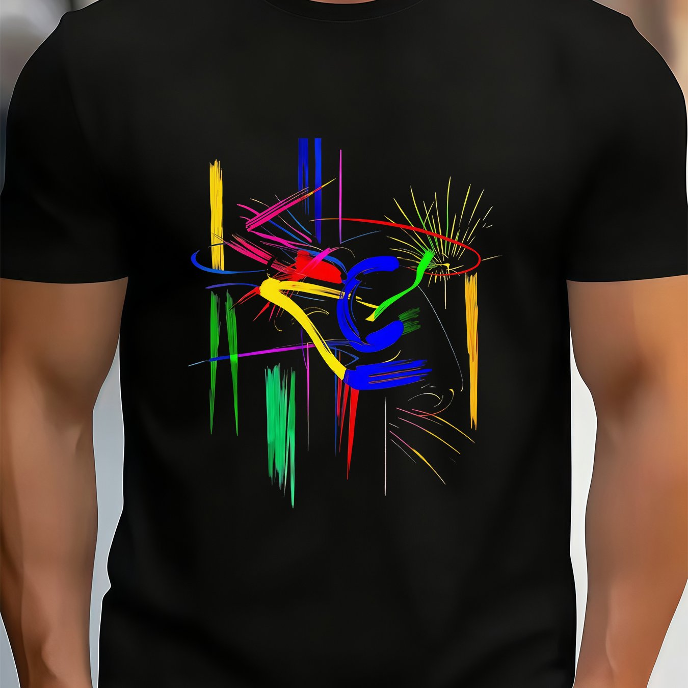 TEMU Men's Abstract Art T-shirt - Vibrant Design, Soft And Breathable, 100% Polyester Fiber, Modern Crew Neck, Short Sleeve Summer T-shirt,