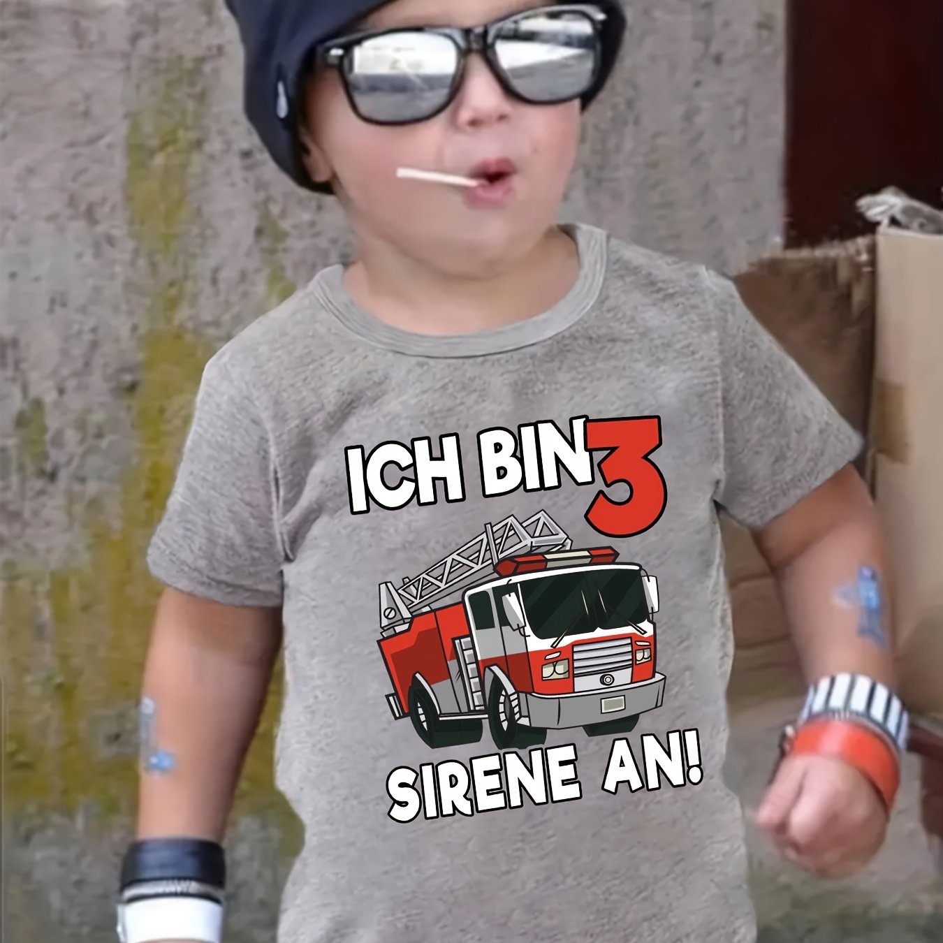 Boys 3rd Birthday Fire Truck T-shirt - "ich Bin 3 Sirene An!" Slogan With Cartoon Emergency Vehicle - 3 Year Gift, Outfit, Spring Summer Casual Wear For Fire Truck Lovers (machine Washable)